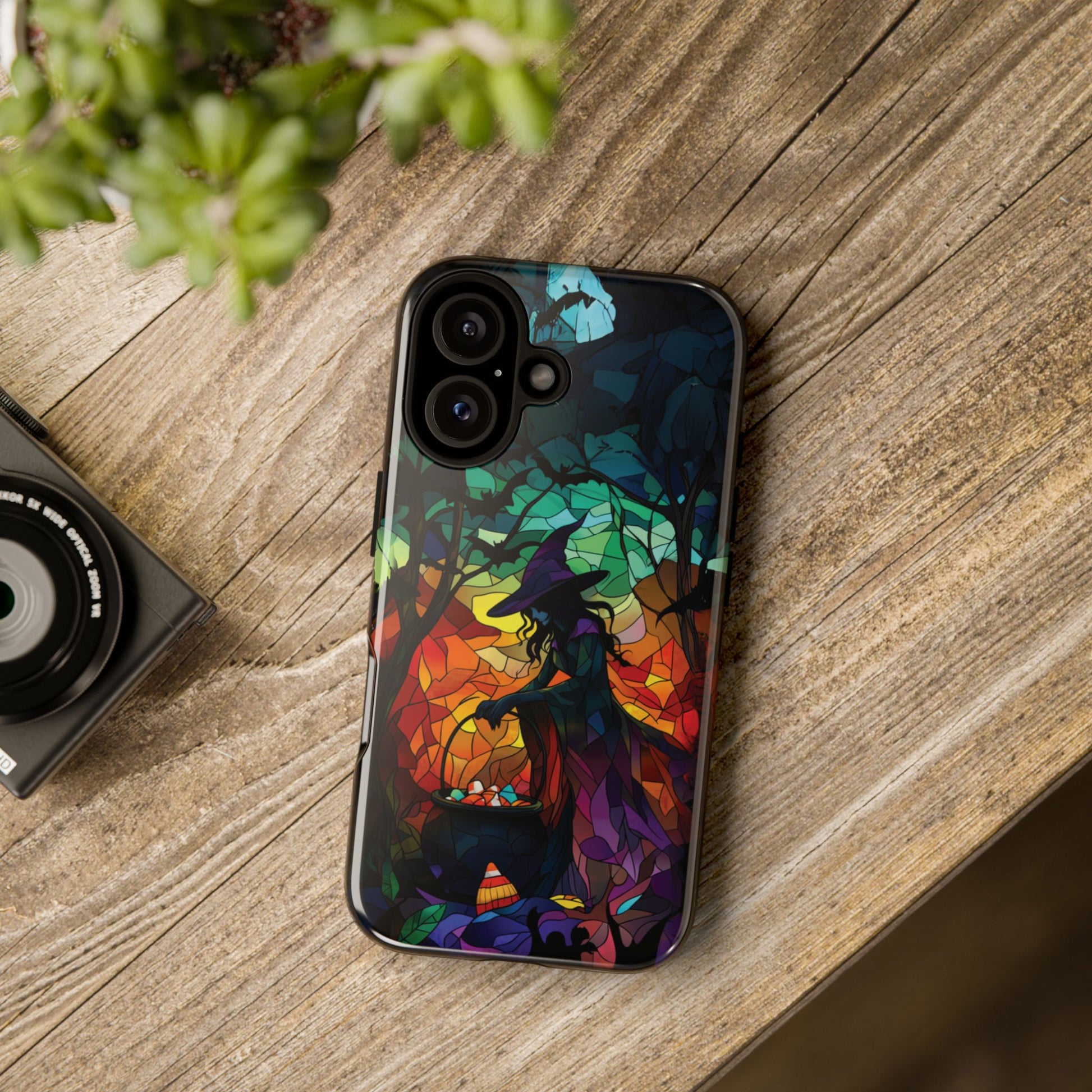 Halloween Witch Stained Glass Dark Academia Spooky Fall Witchy Pumpkin Bats Seasonal Fall Mosaic Case iPhone 13 14 15 16 Pro Max