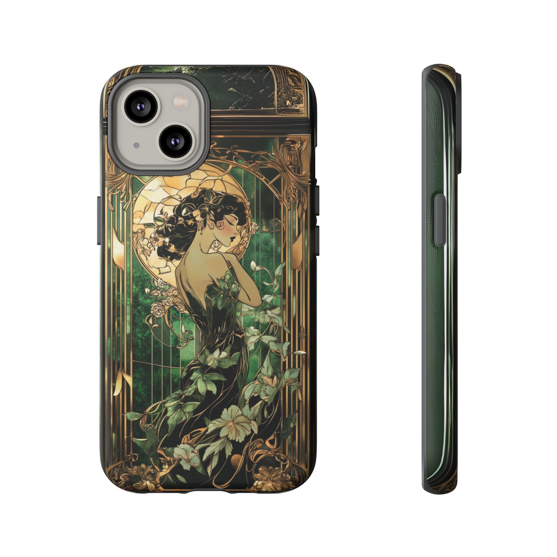 Art Deco Fairy Flapper Woman Phone Case 1920s Art Nouveau Design in Emerald & Gold Alphonse Mucha Style Gatsby Style Poster