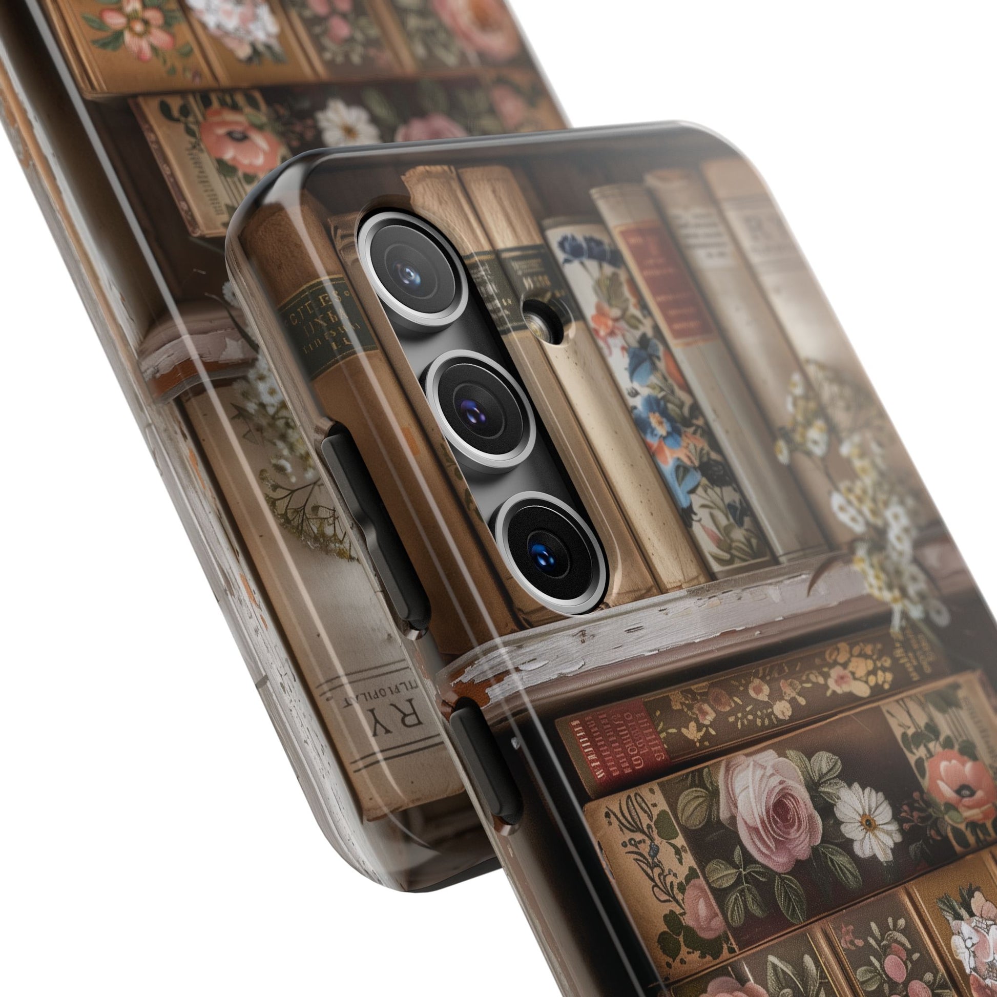Vintage Book Stack Cottagecore Phone Case, Books with Floral Decor, Leather & Cloth Fliral iPhone Case, Pastel Roses Daisies Wildflowers