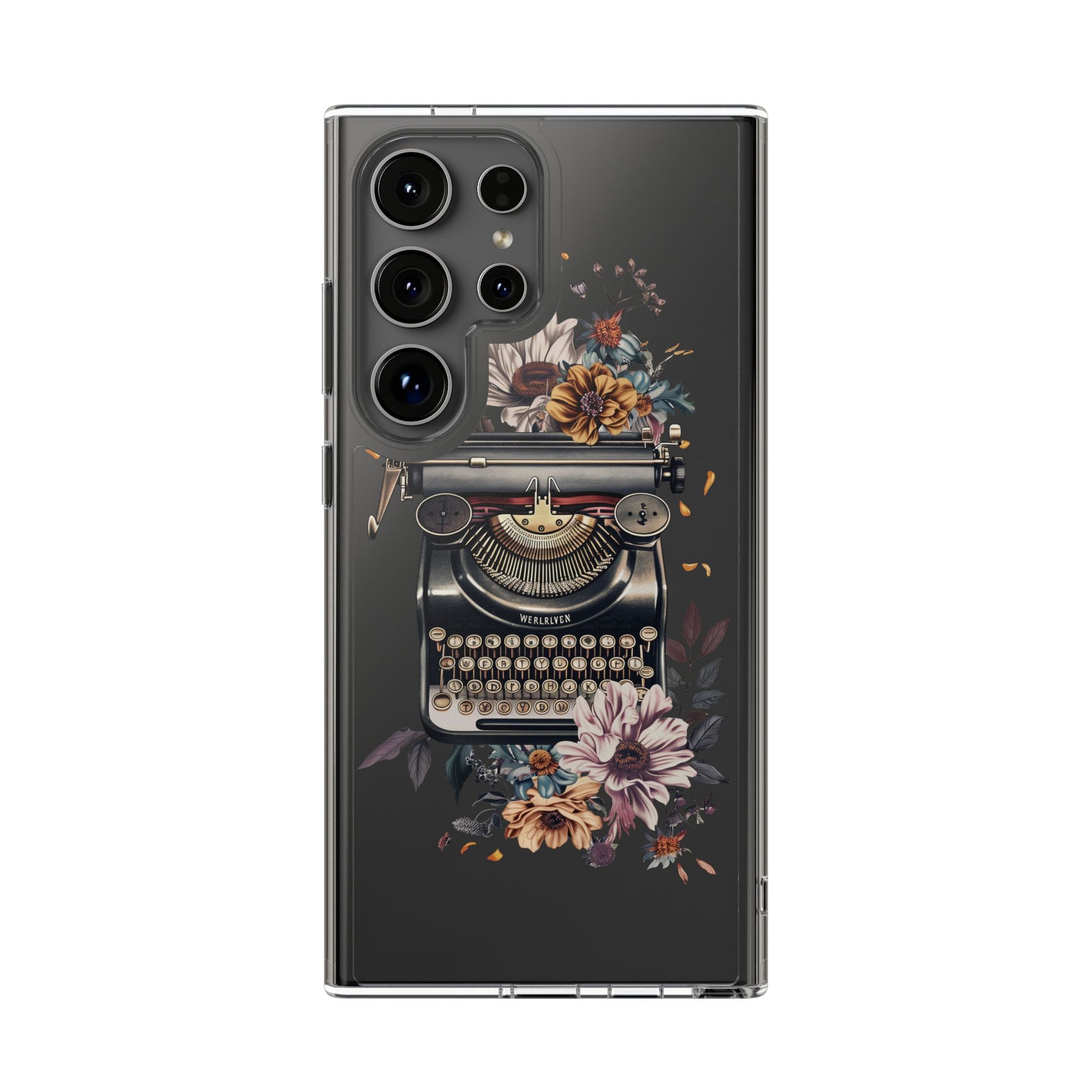 Vintage Cottagecore Typewriter Clear Phone Case with Floral Dark Academia Nostalgic Artistic Typography iPhone 13 14 15 16 Pro Max