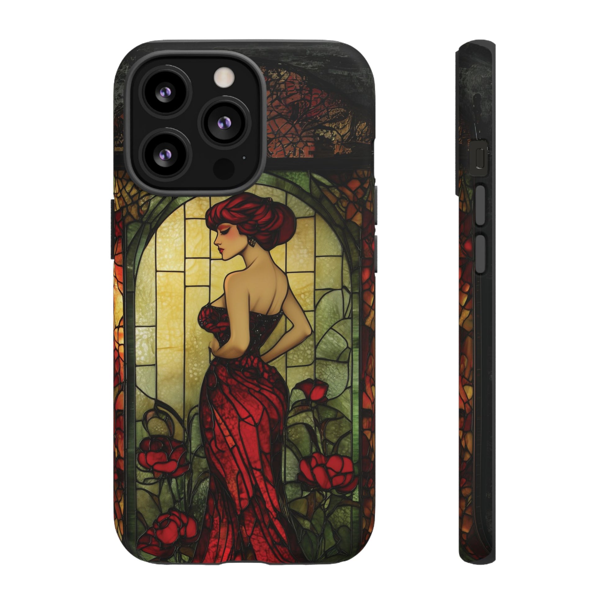 Art Deco Flapper Woman Rose Phone Case 1920s Art Nouveau Design in Red Stained Glass Alphonse Mucha Style Gatsby Style Poster