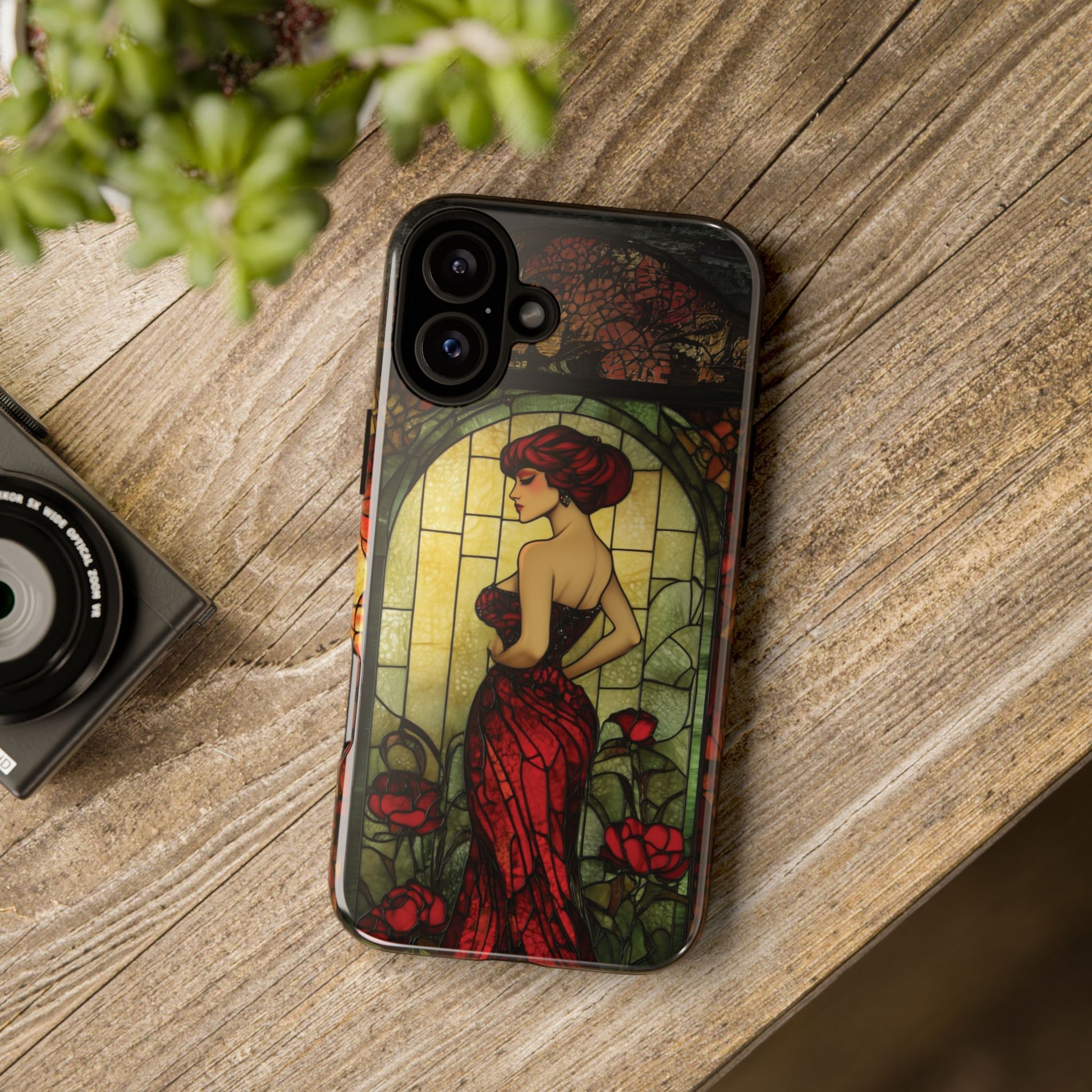 Art Deco Flapper Woman Rose Phone Case 1920s Art Nouveau Design in Red Stained Glass Alphonse Mucha Style Gatsby Style Poster