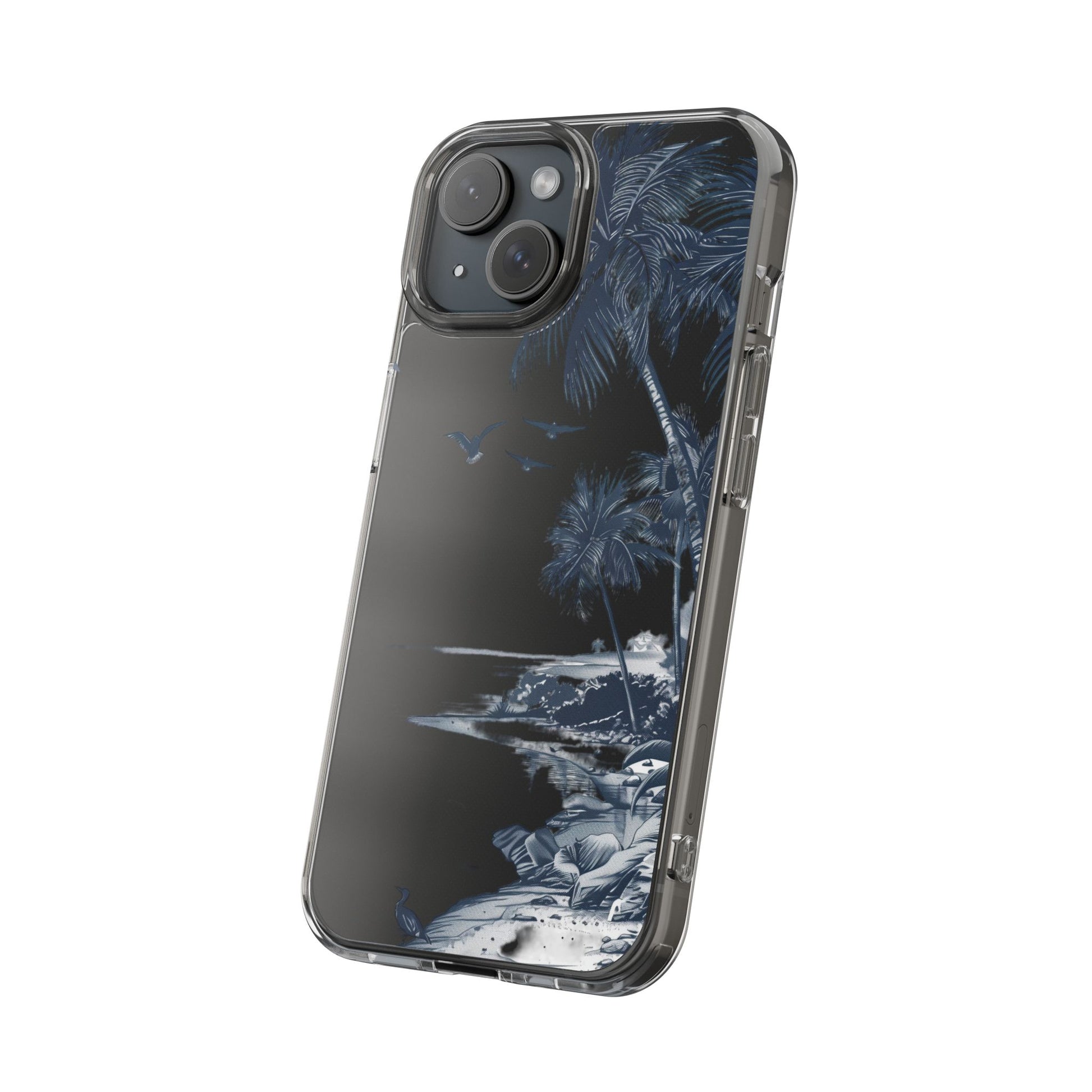 Hand-Drawn Art Beach Scene Clear Phone Case Tropical Palm Trees Surfing iPhone 13 14 15 16 Pro Max Galaxy S23