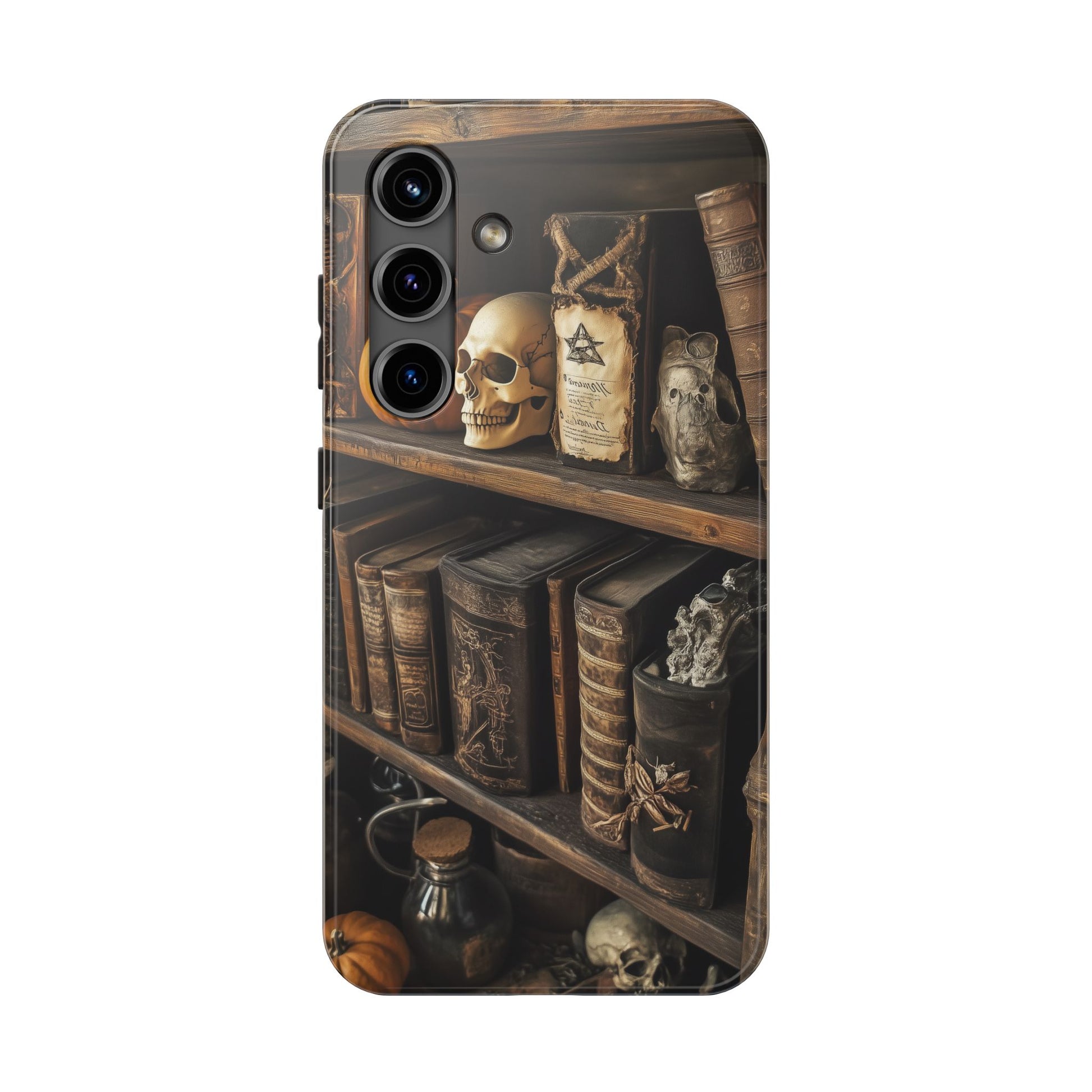 Apothecary Dark Academia Bookcase Goth Skulls floral Black Halloween Pumpkins Samsung Galaxy Apple iPhone 15 Pro Max Case  S24 S23 C