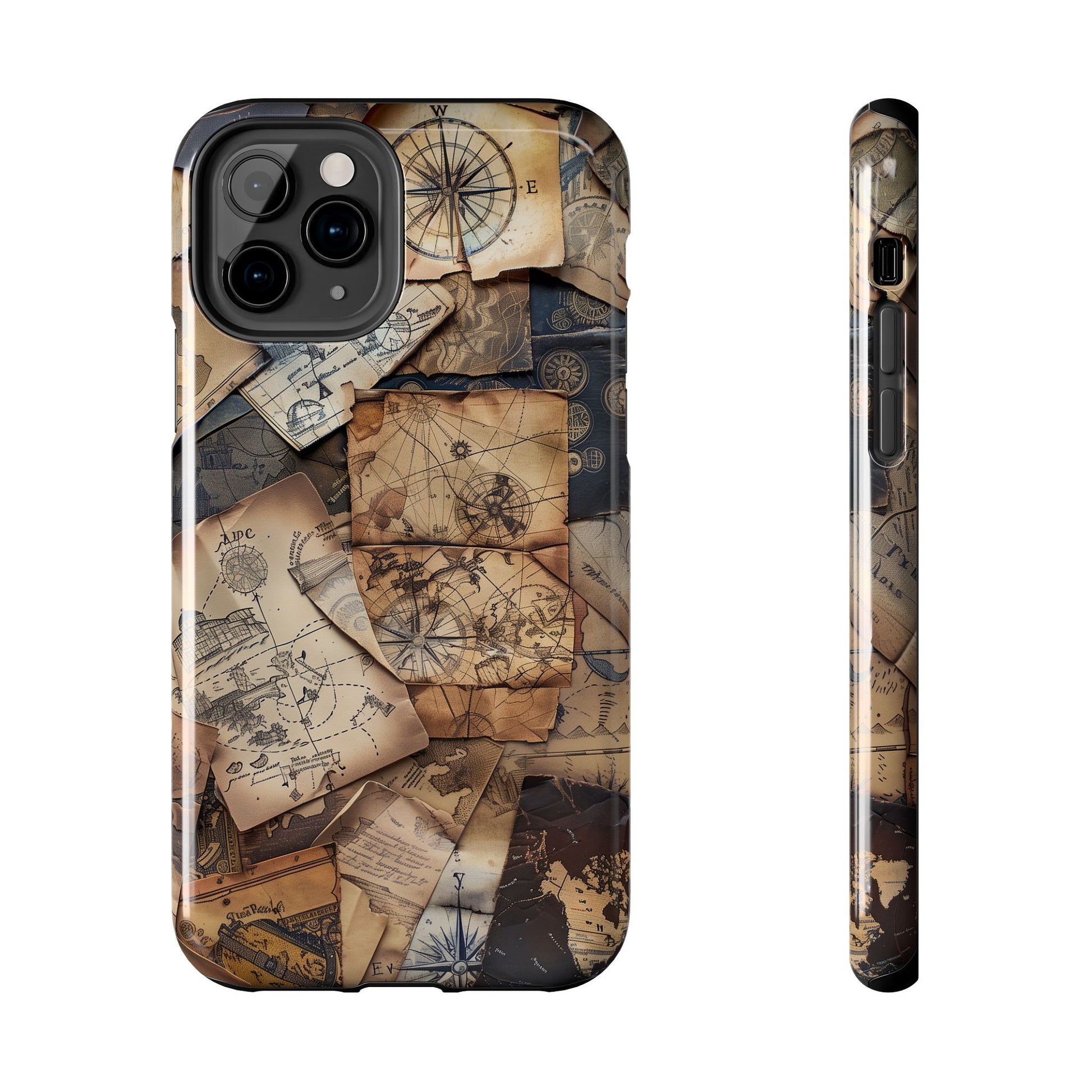 Double Layer Adventure Phone Case - Protective Phone Case Vintage Map and Compass Design - Dual Layer Case with Map Print