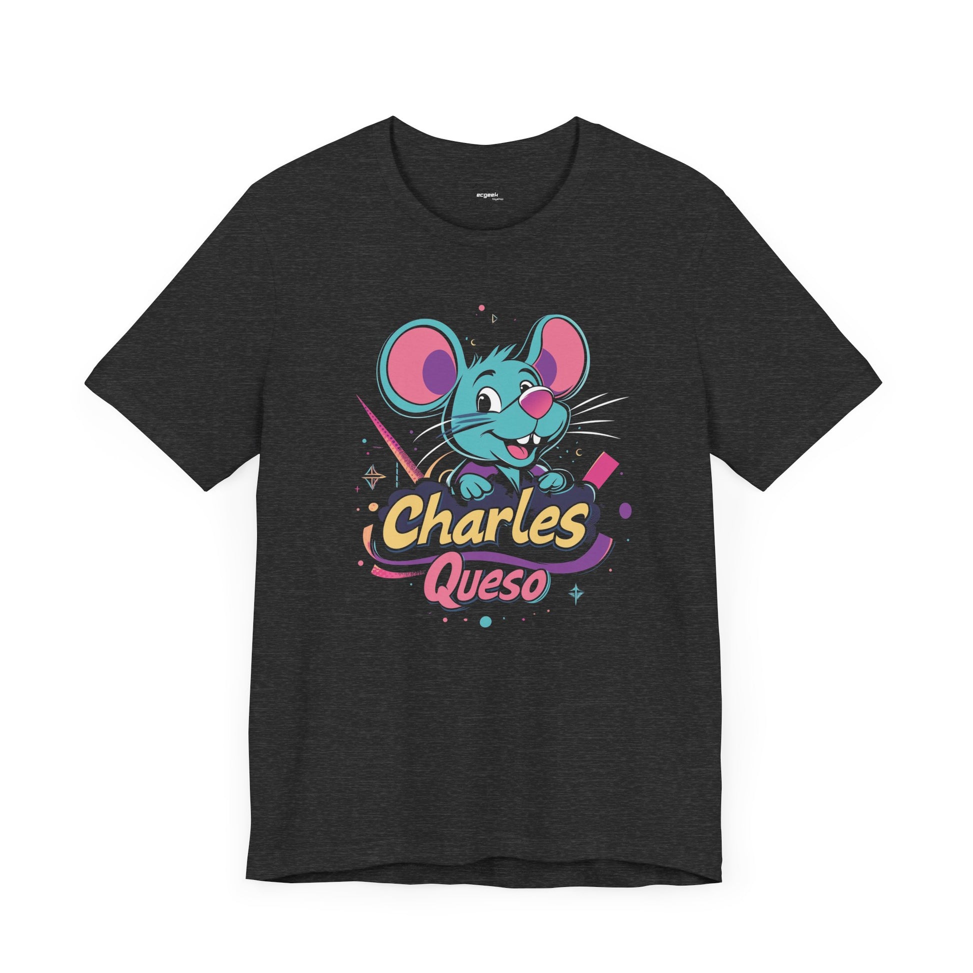 Charles Queso Mouse Logo Tee, Unisex Graphic T-Shirt, Colorful 80s Style Top, Retro Company Shirt, Gift for Mouse Lovers
