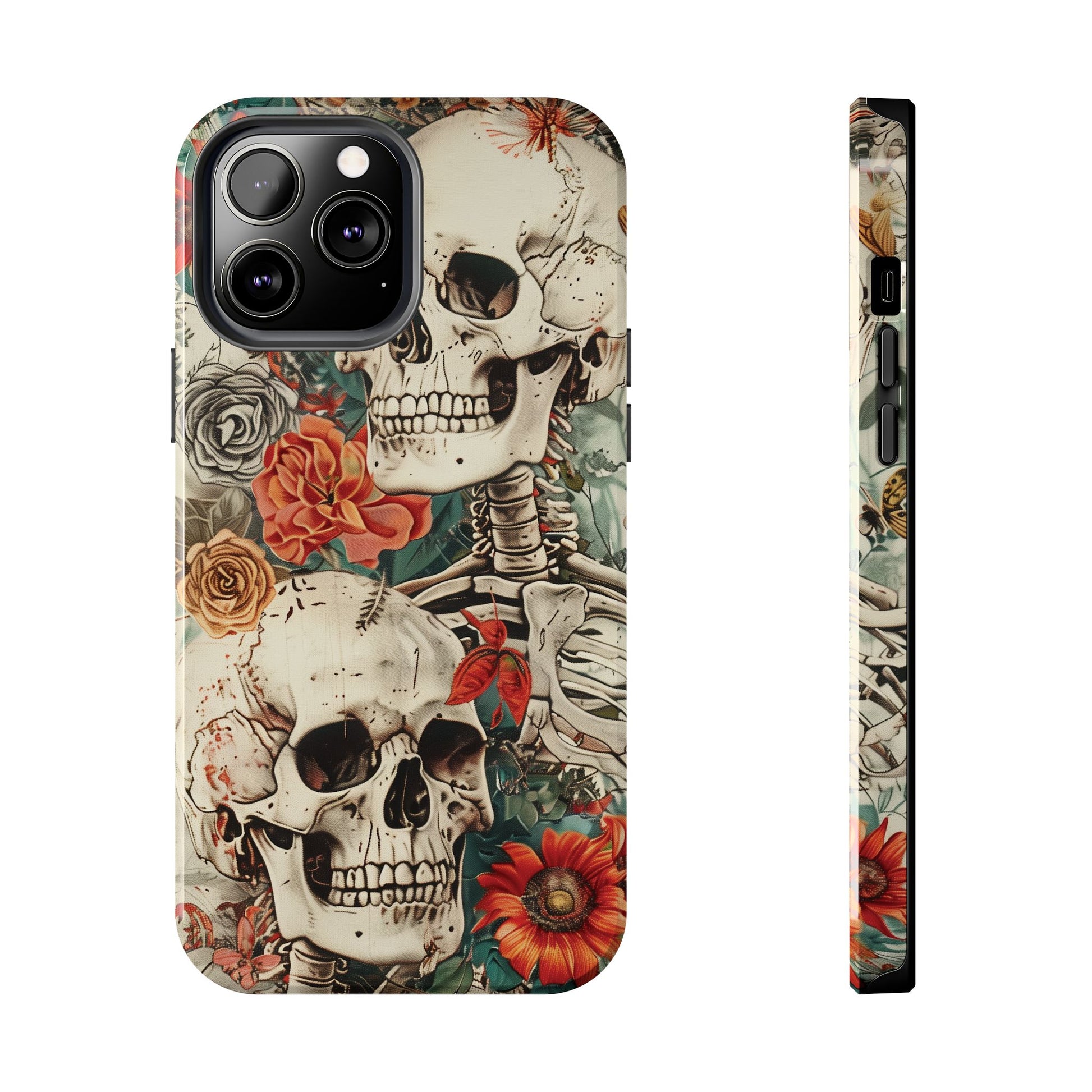 Skulls Floral Phone Case, Flowers and Skeletons , Halloween Cottagecore Day of the Dead, iPhone Dia de Los Muertos Gothic