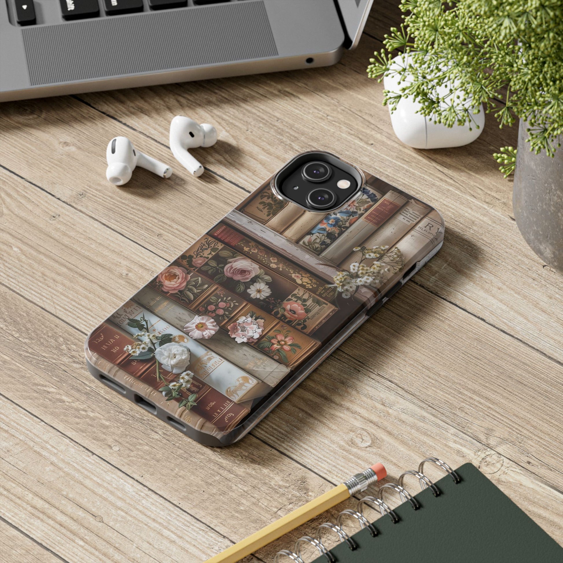Vintage Book Stack Cottagecore Phone Case, Books with Floral Decor, Leather & Cloth Fliral iPhone Case, Pastel Roses Daisies Wildflowers