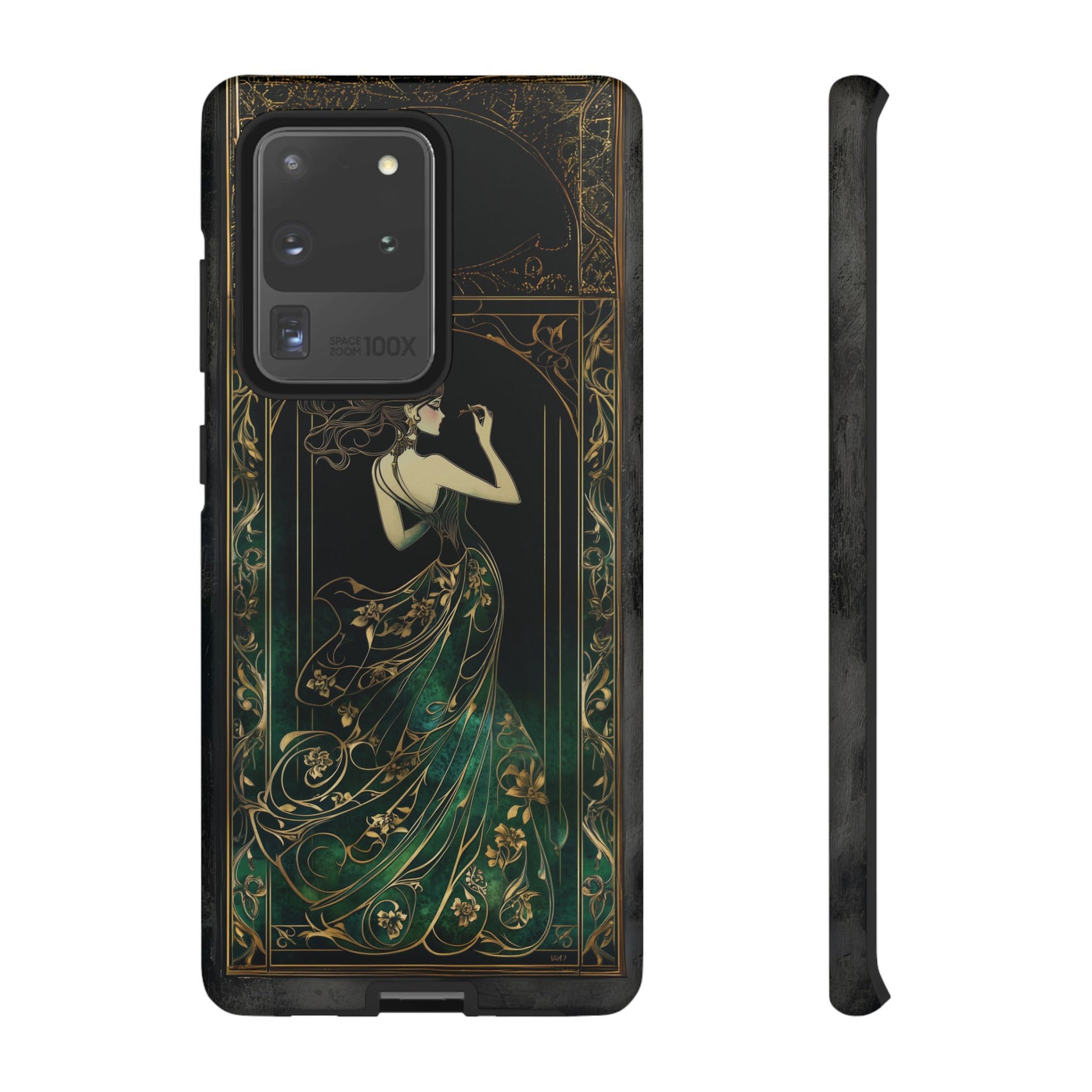 Art Deco Flapper Woman Phone Case 1920s Art Nouveau Design in Emerald & Gold Alphonse Mucha Style Gatsby Style Poster