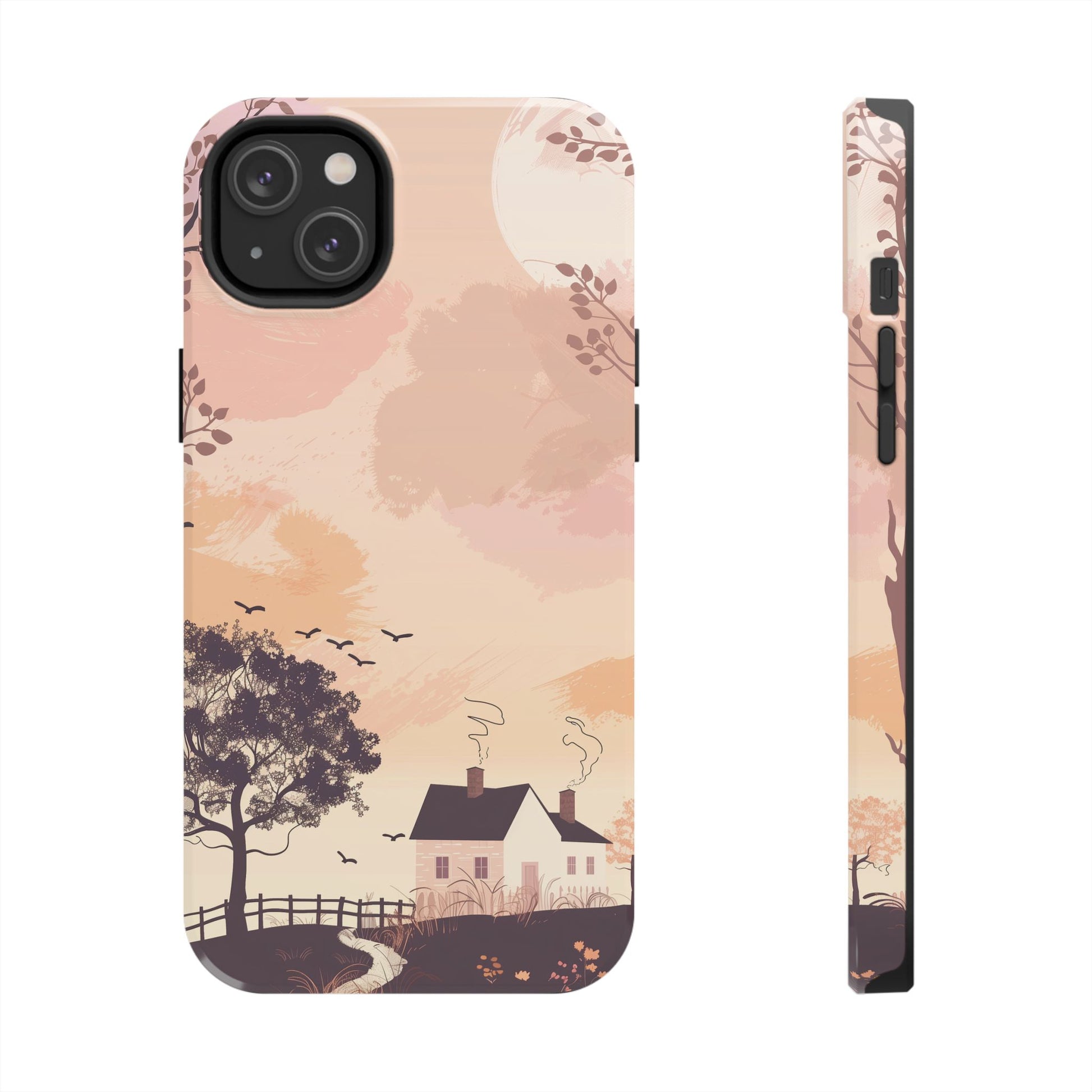 Cottagecore Countryside Sunset Phone Case Cottagecore Aesthetic, Tranquil Pastel Sky Gradient & Silhouette Trees, Whimsical Nature Art Cover