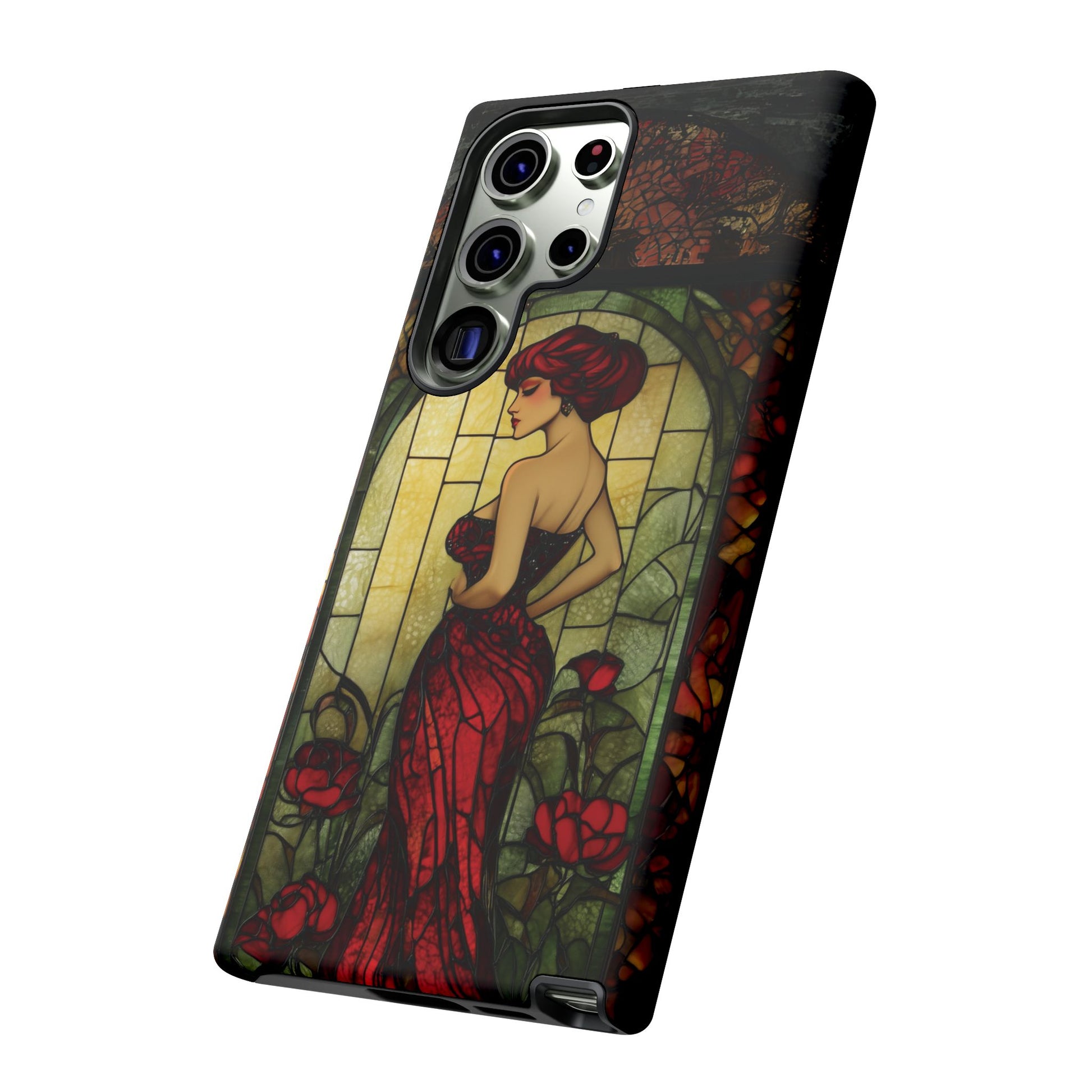 Art Deco Flapper Woman Rose Phone Case 1920s Art Nouveau Design in Red Stained Glass Alphonse Mucha Style Gatsby Style Poster