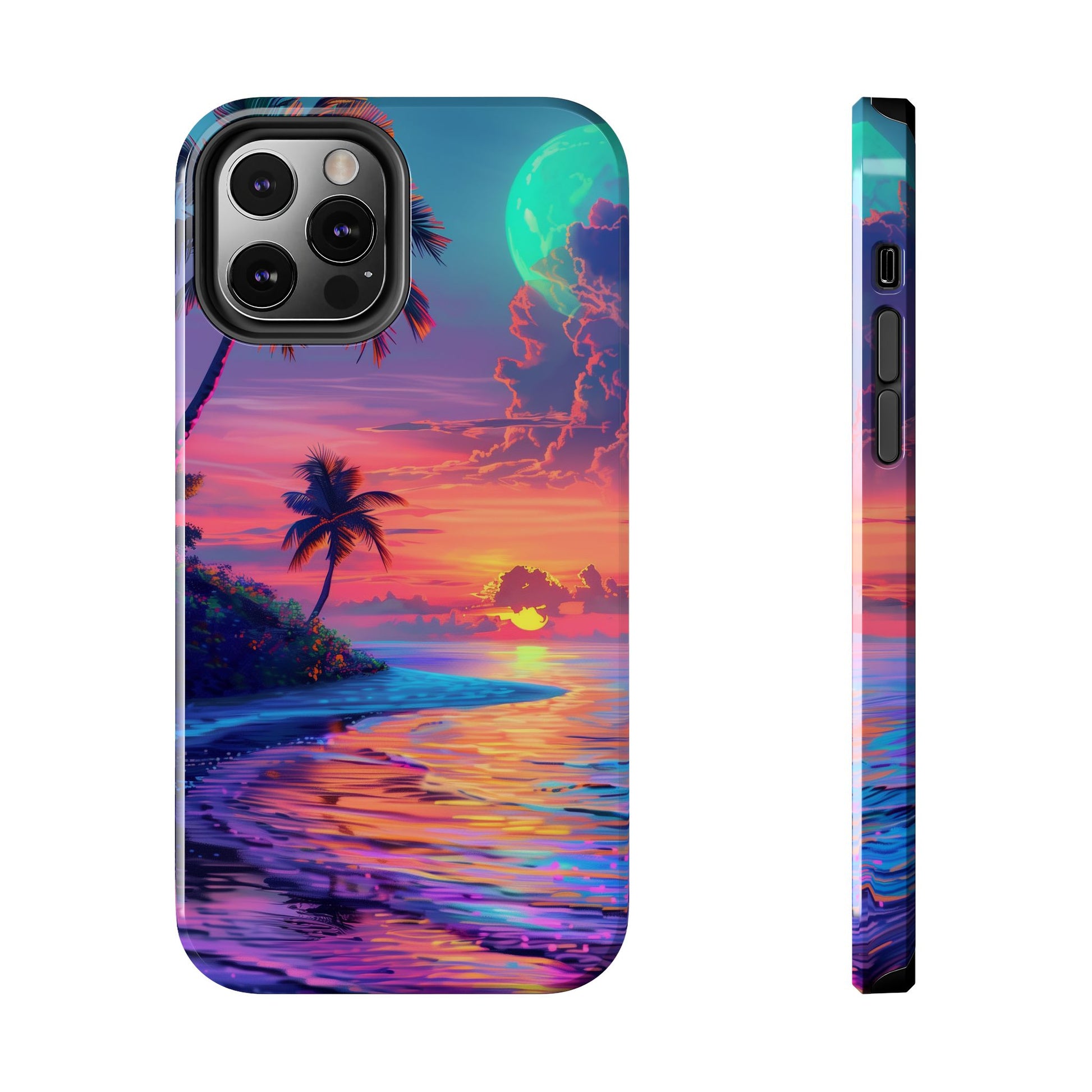 Tough Beach Scene Phone Case - Durable Phone Cover with Lisa Frank Inspired Beach Art - Protective Case with Vibrant Beach Design