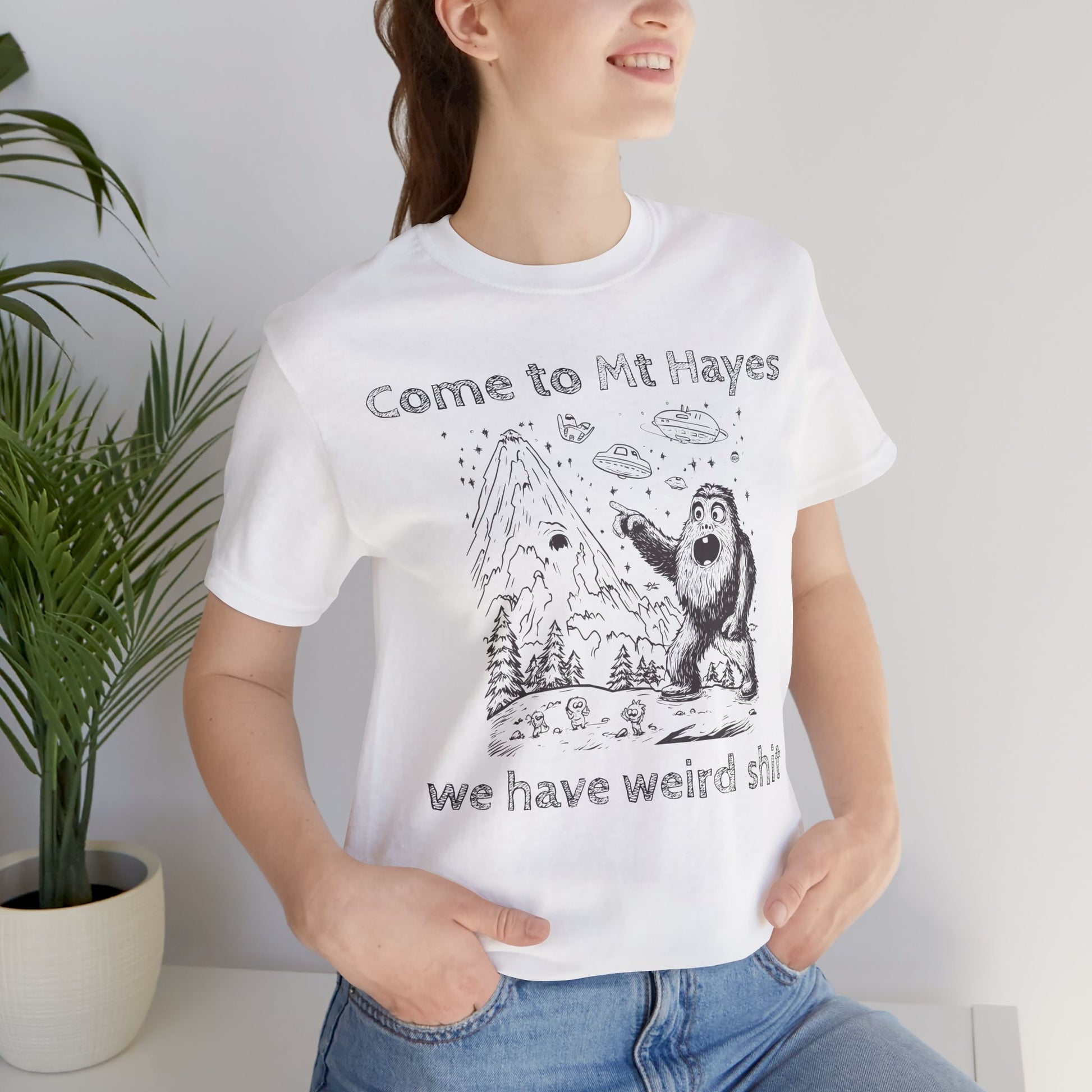 Alien Conspiracy Unisex Tee, Bigfoot Mountain Sketch Shirt, UFO Weird Stuff Tshirt, California Men's Top, Space Extraterrestrial Shirt