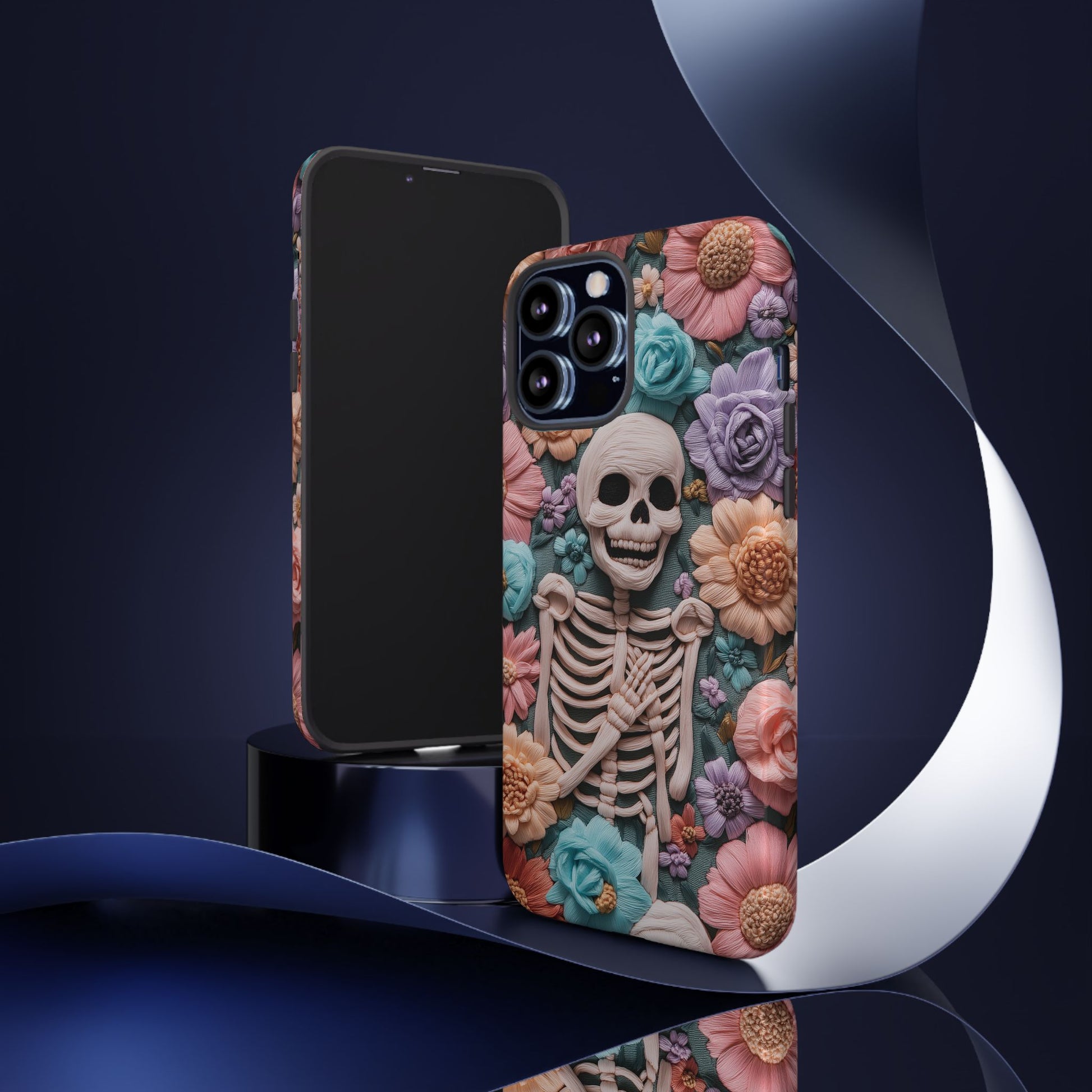 Embroidered Skeleton Gothic Cottagecore Halloween Phone Case 3D Look Flowers Pastel Custom 13 14 15 16 Pro Max Plus Galaxy Pixel