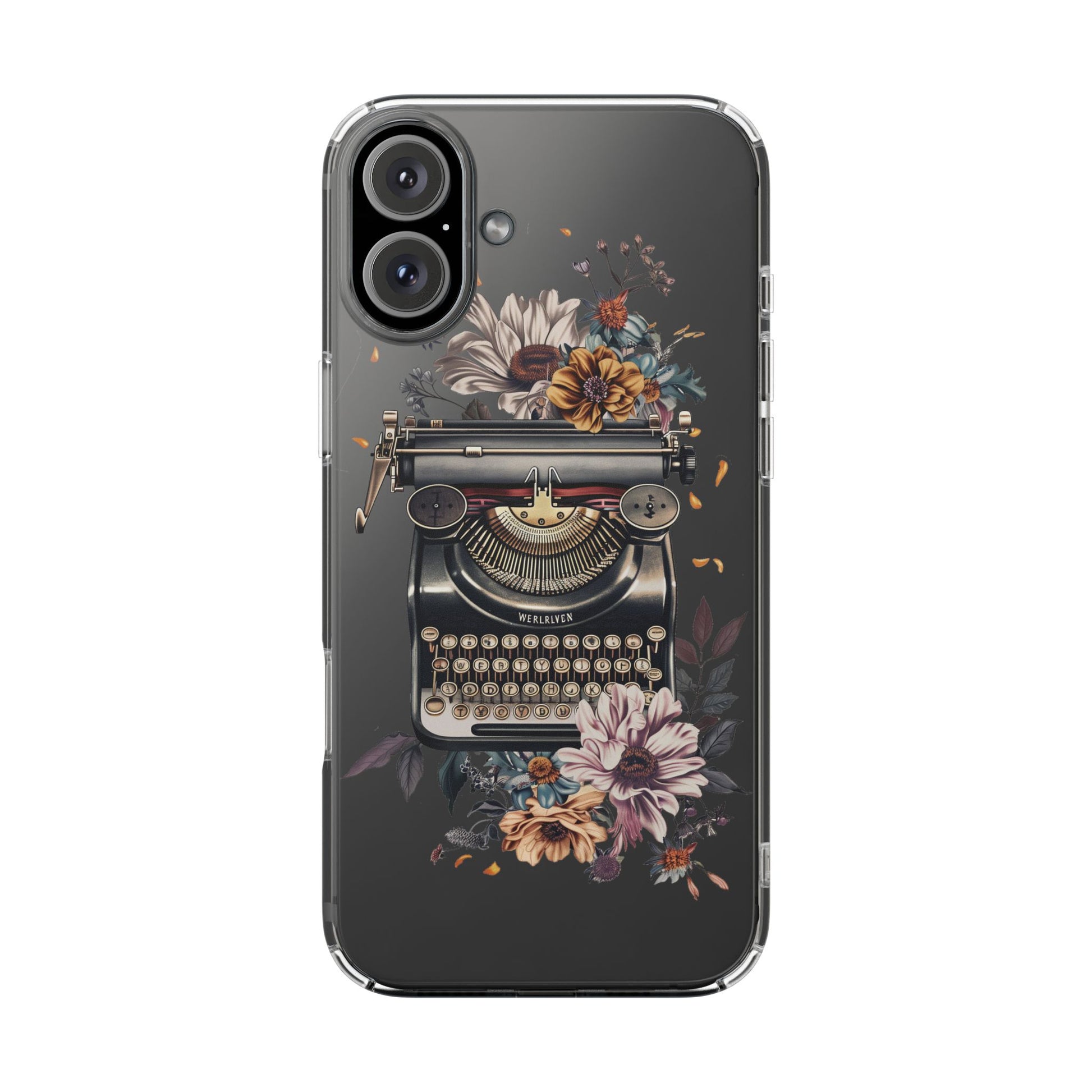 Vintage Cottagecore Typewriter Clear Phone Case with Floral Dark Academia Nostalgic Artistic Typography iPhone 13 14 15 16 Pro Max