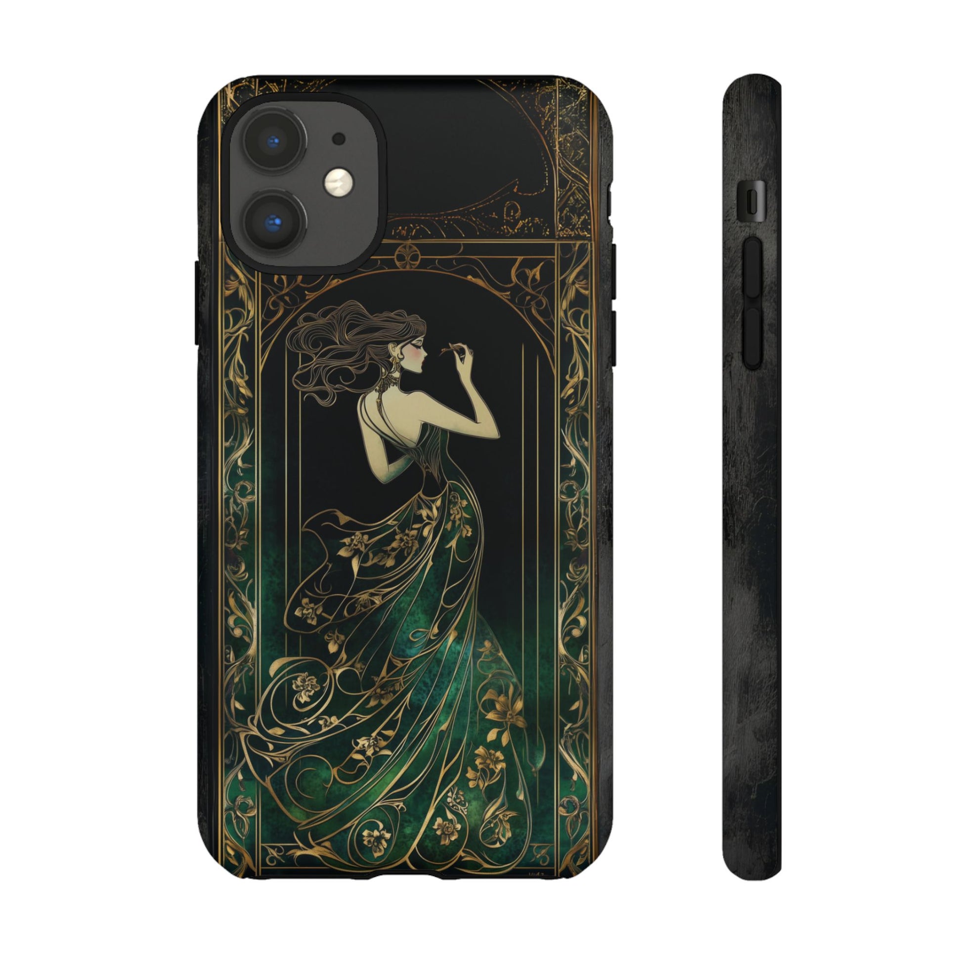 Art Deco Flapper Woman Phone Case 1920s Art Nouveau Design in Emerald & Gold Alphonse Mucha Style Gatsby Style Poster