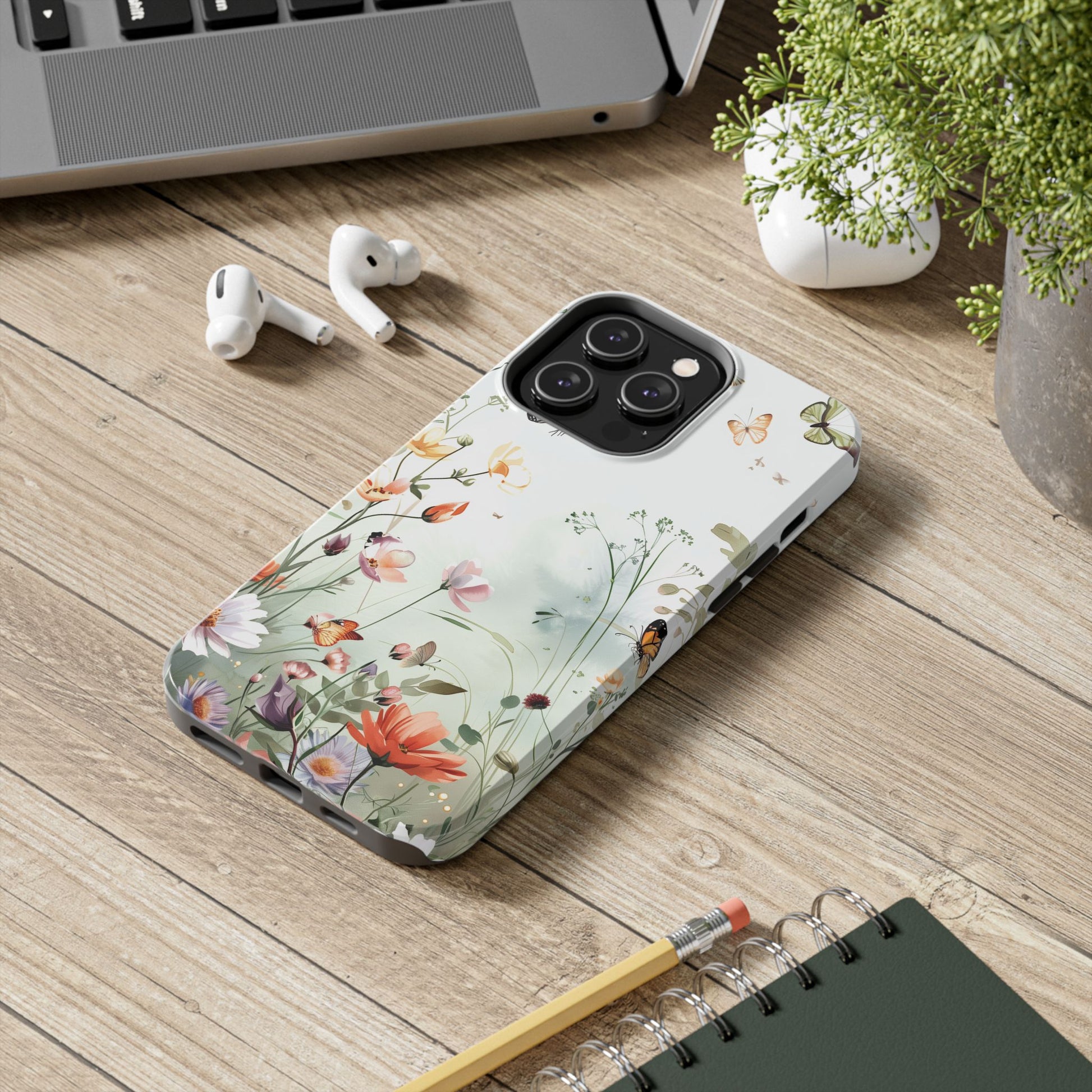 Butterfly Meadow Scene Cottagecore iPhone 15, Pastel Wildflowers & Butterflies, Natural iPhone Case, Cottagecore Garden Case, iPhone 14