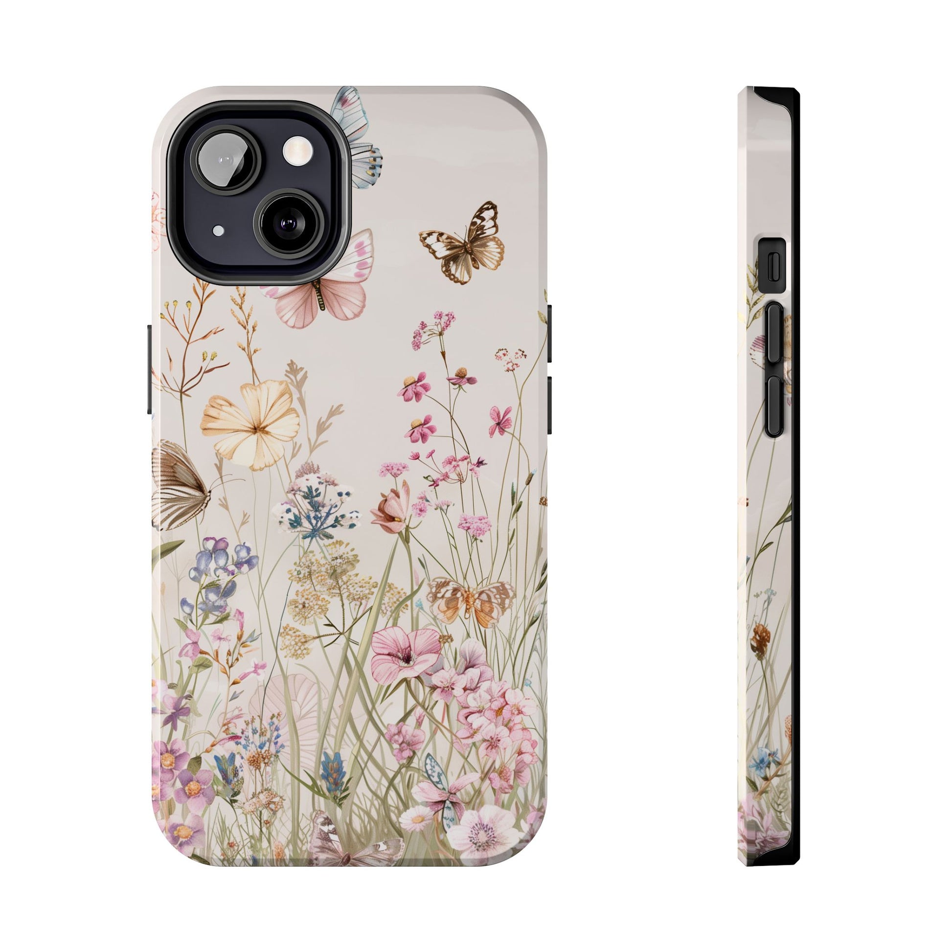 Butterfly Meadow Scene Cottagecore iPhone 15, Pastel Wildflowers & Butterflies, Natural iPhone Case, Cottagecore Garden Case, iPhone 14