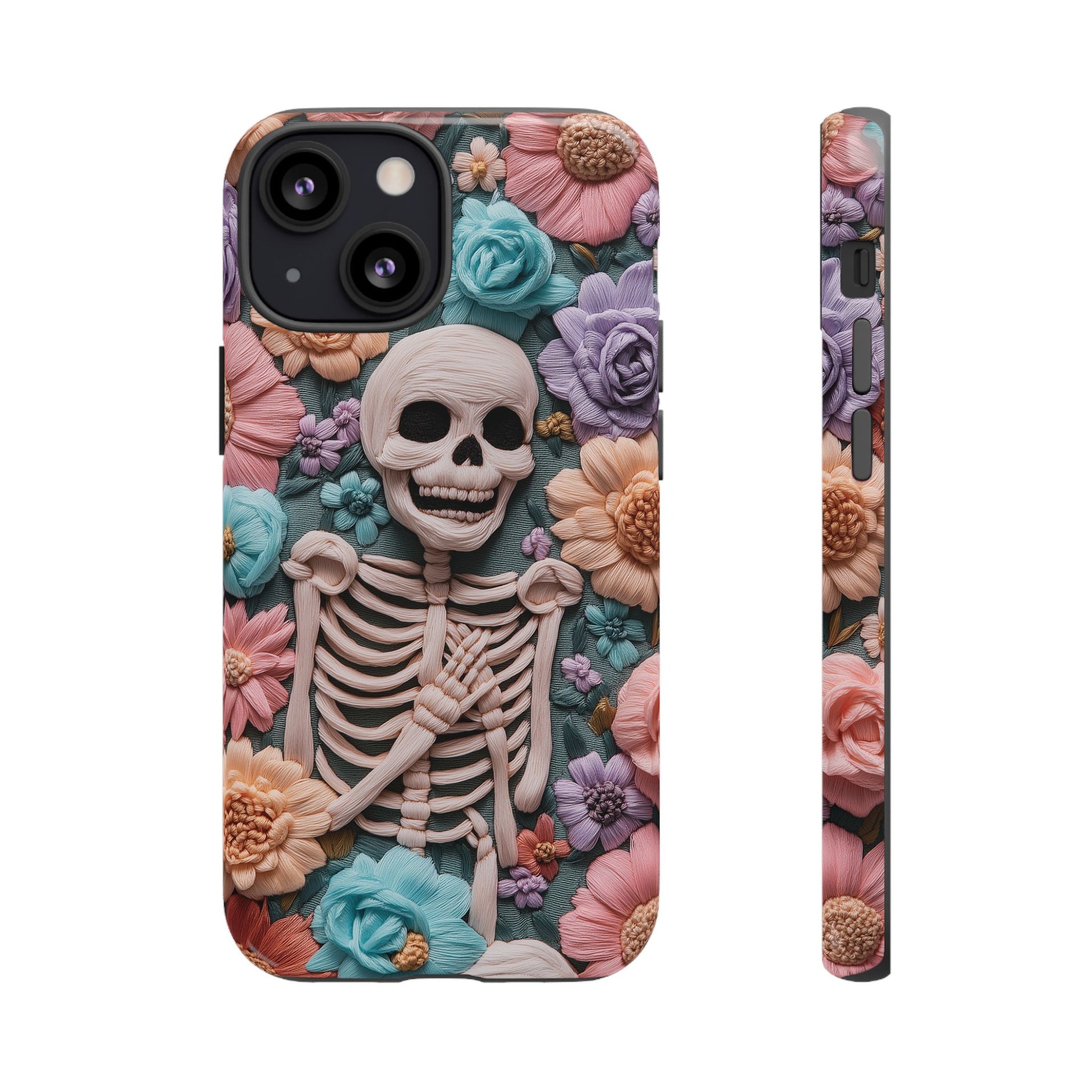 Embroidered Skeleton Gothic Cottagecore Halloween Phone Case 3D Look Flowers Pastel Custom 13 14 15 16 Pro Max Plus Galaxy Pixel