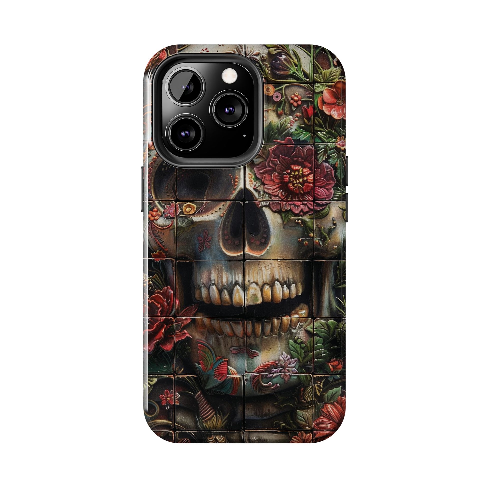 Sugar Skull Phone Case Flowers and Skeletons, Halloween Cottagecore Day of the Dead, Dia de Los Muertos Gothic, iPhone 15 Spooky Case