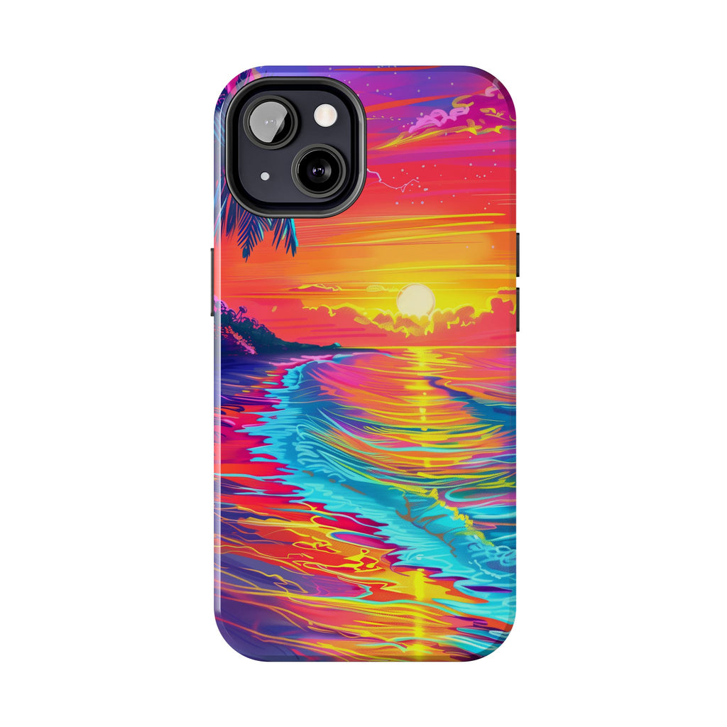 Tough Beach Sunrise Phone Case - Durable Case Lisa Frank Inspired Beach Art - Vibrant Beach Design - Colorful Phone Case for Beach Lovers