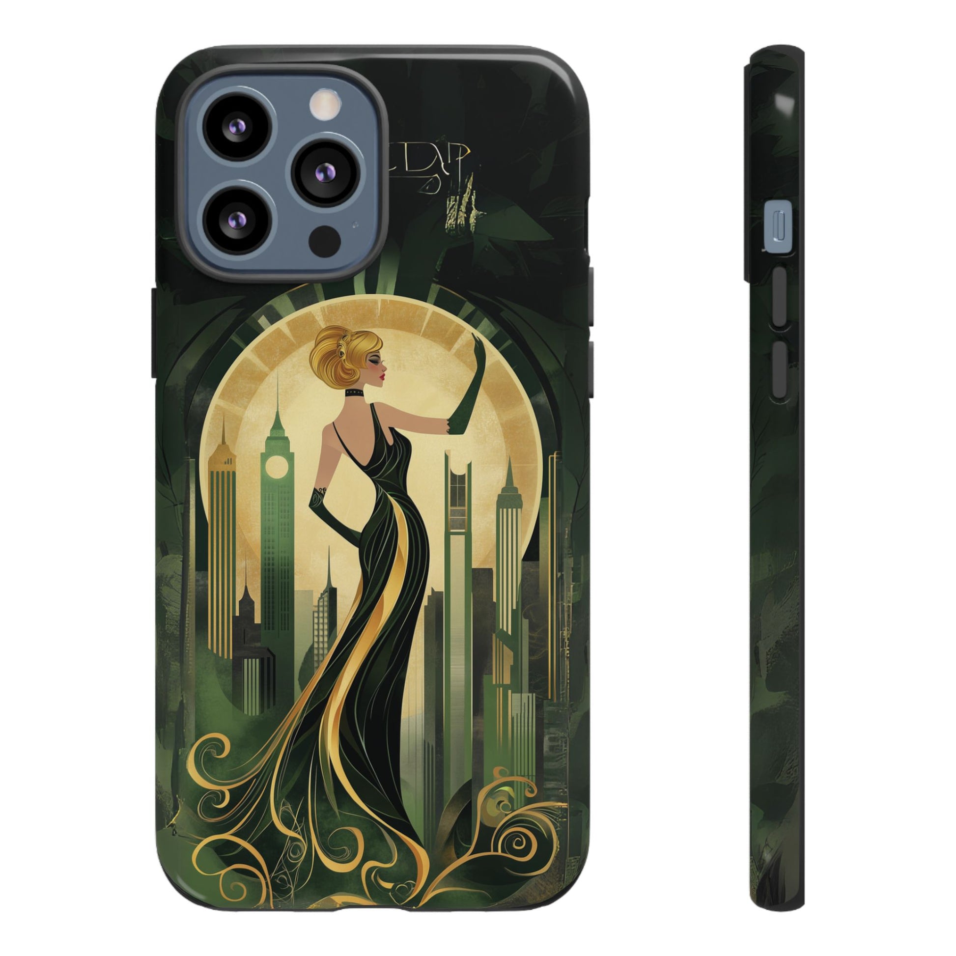 Emerald City Art Deco Flapper Woman Phone Case 1920s Art Nouveau Design in Emerald & Gold Alphonse Mucha Style Gatsby Style Poster