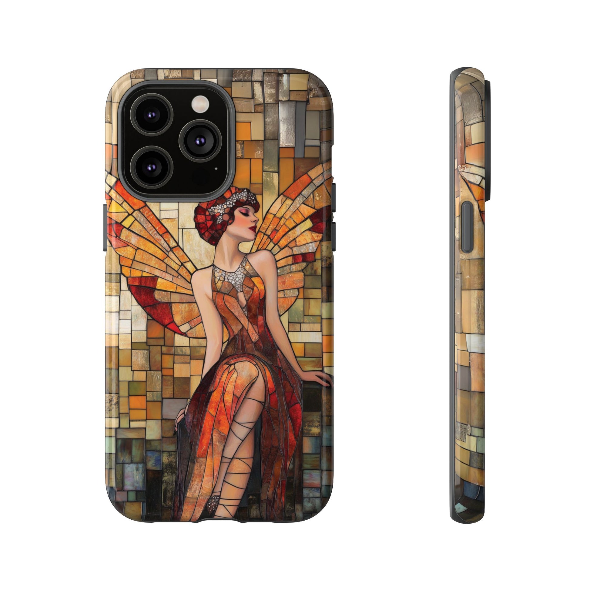 Phone Case Art Deco Flapper Fairy Woman Mosaic Stained 1920s Art Nouveau Design in Red Yellow Orange Alphonse Mucha Gatsby Style Poster