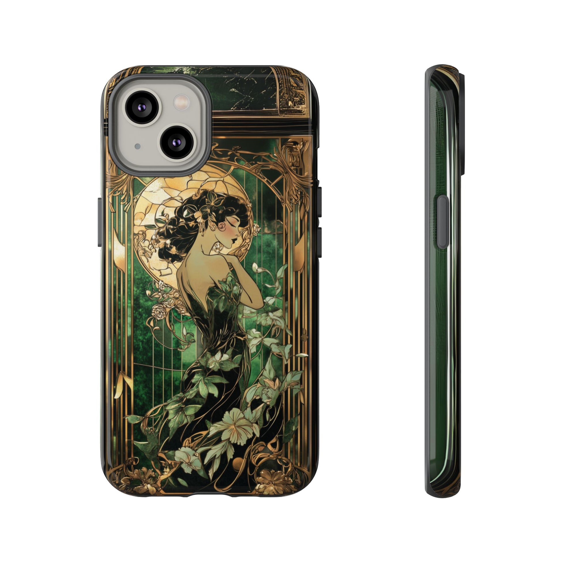 Art Deco Fairy Flapper Woman Phone Case 1920s Art Nouveau Design in Emerald & Gold Alphonse Mucha Style Gatsby Style Poster