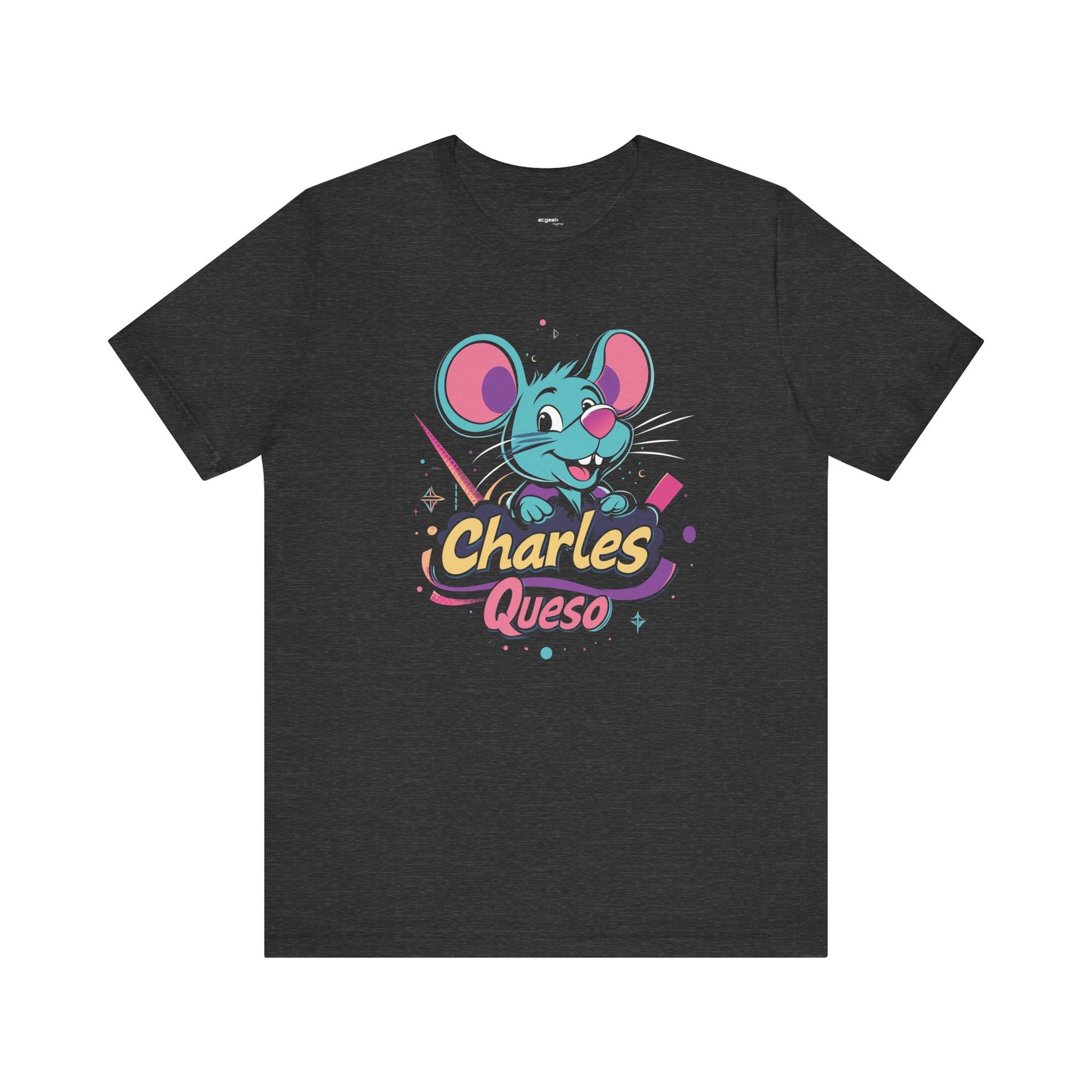 Charles Queso Mouse Logo Tee, Unisex Graphic T-Shirt, Colorful 80s Style Top, Retro Company Shirt, Gift for Mouse Lovers
