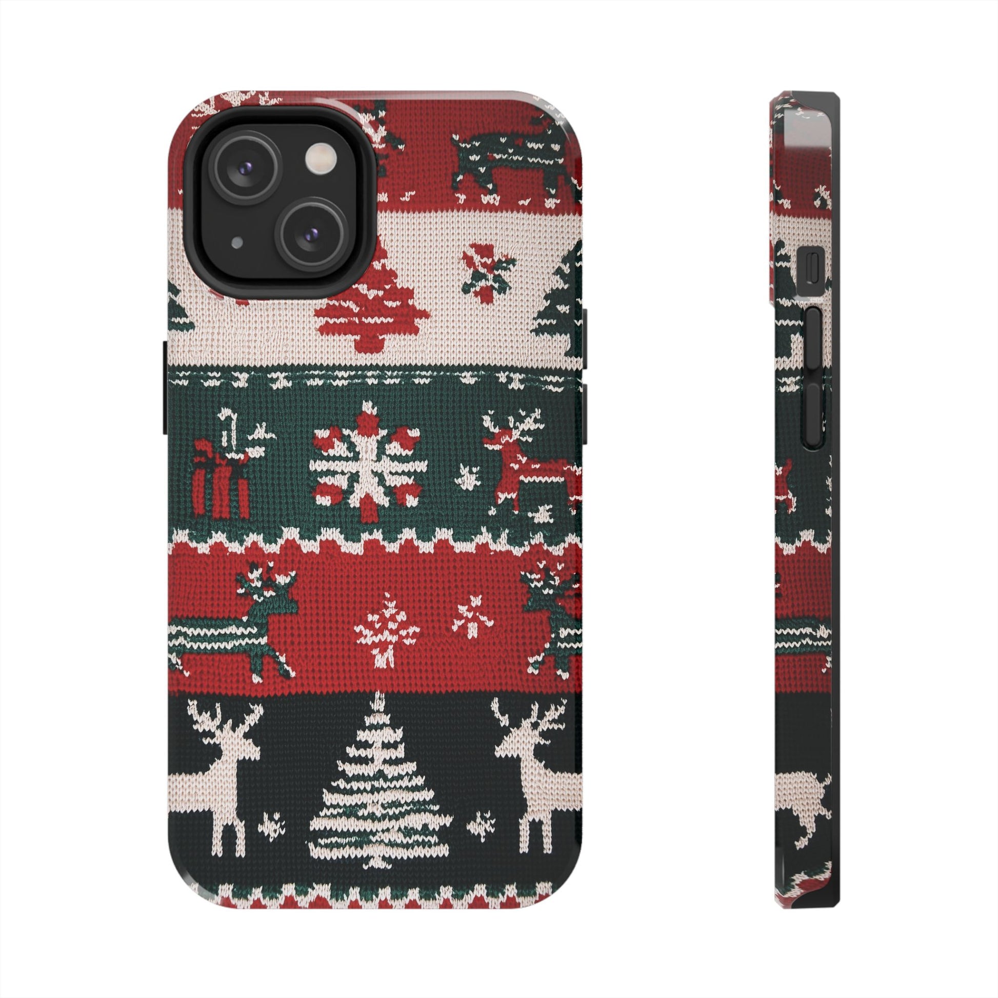 Ugly Christmas Sweater Phone Case Festive 3D Knit Textured Red White Green Holiday Knit Design Tree Reindeer iPhone 13 14 15 16 Pro Max