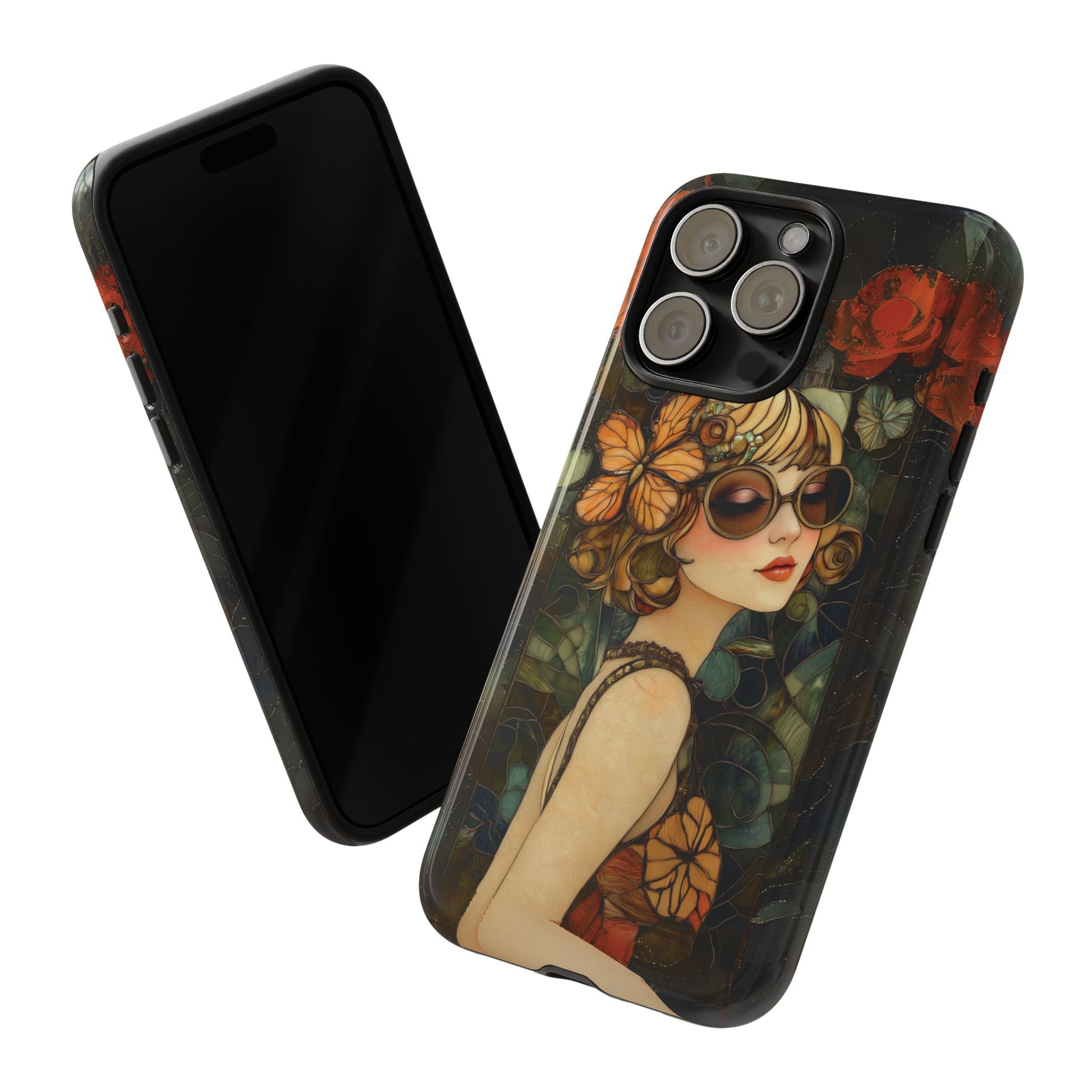 Butterfly Art Deco Flapper Woman Mosaic Phone Case 1920s Art Nouveau Design in Red Stained Glass Alphonse Mucha Style Gatsby Style Poster