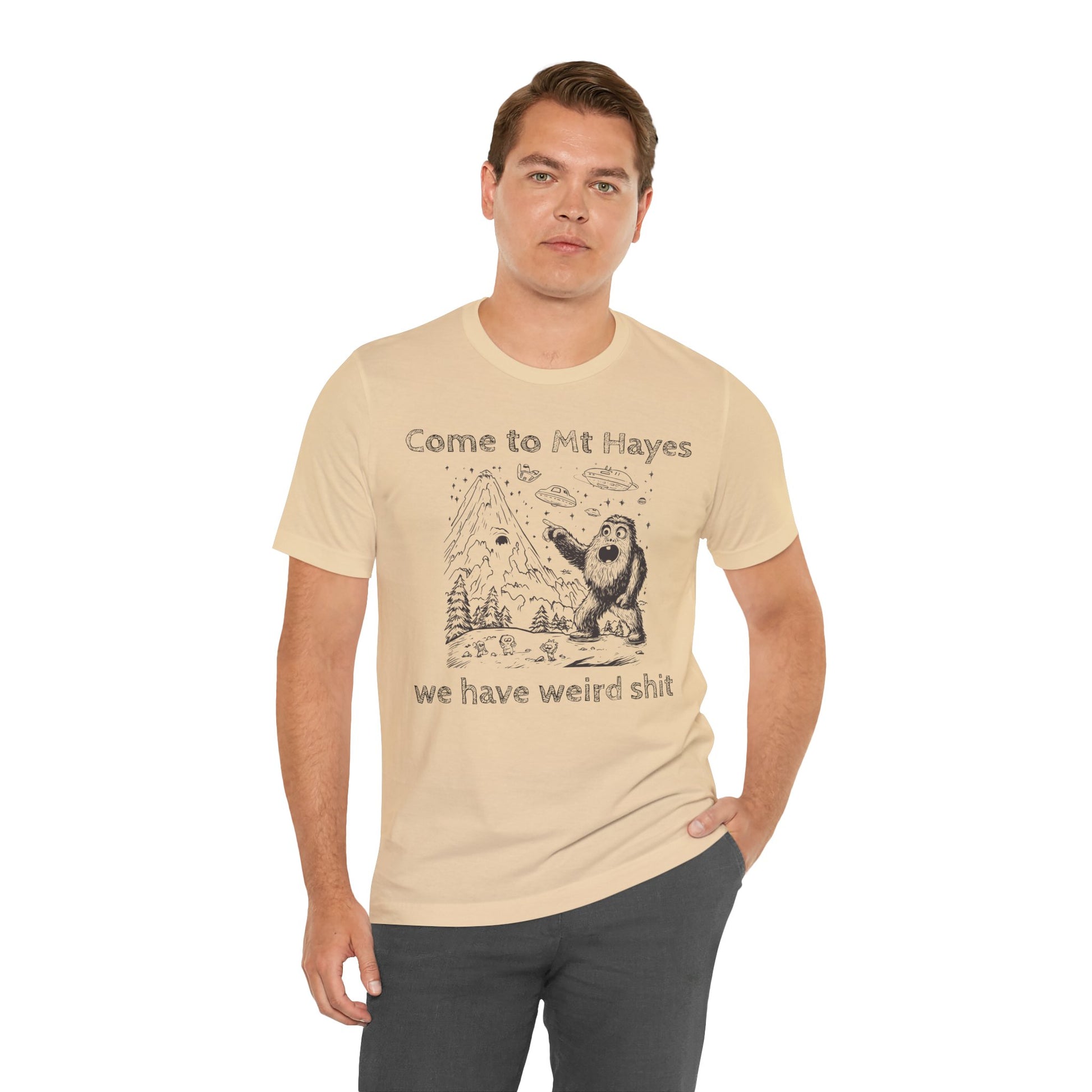 Alien Conspiracy Unisex Tee, Bigfoot Mountain Sketch Shirt, UFO Weird Stuff Tshirt, California Men's Top, Space Extraterrestrial Shirt