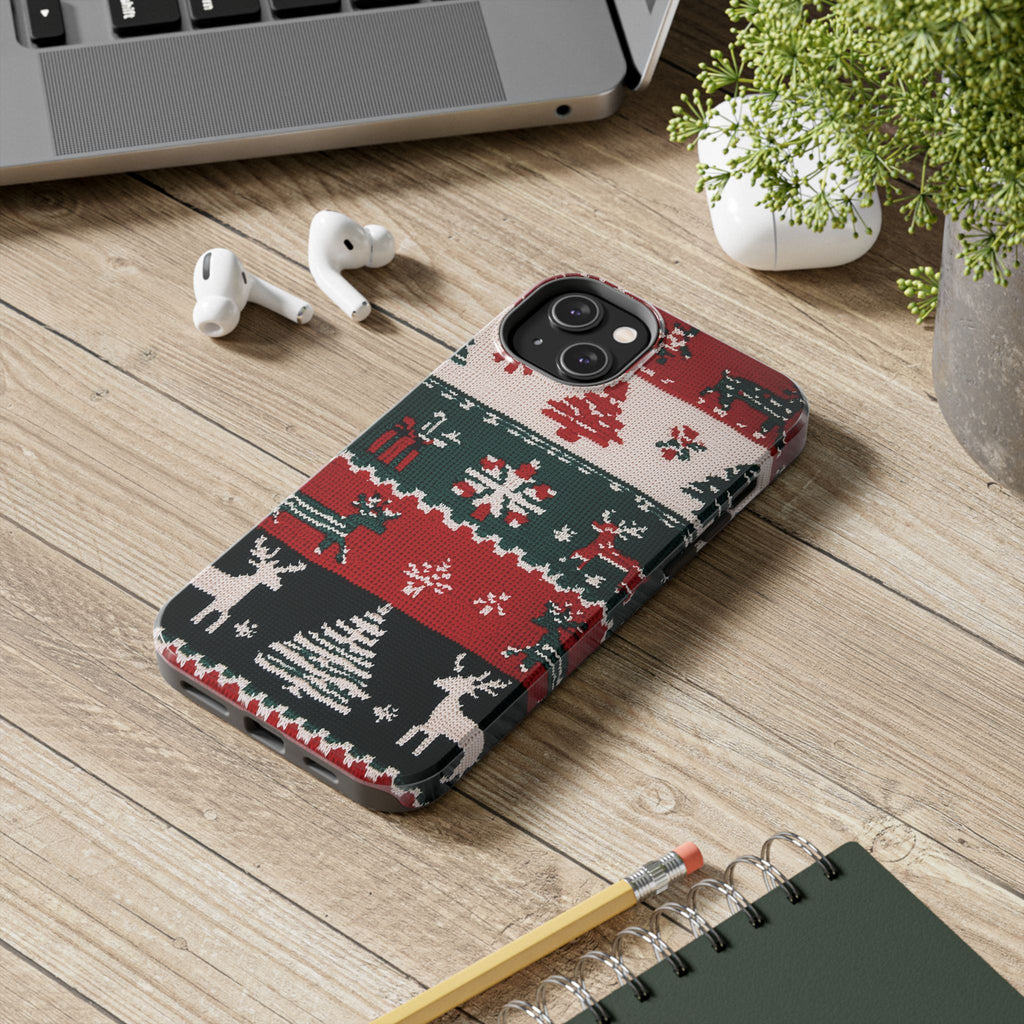 Ugly Christmas Sweater Phone Case Festive 3D Knit Textured Red White Green Holiday Knit Design Tree Reindeer iPhone 13 14 15 16 Pro Max