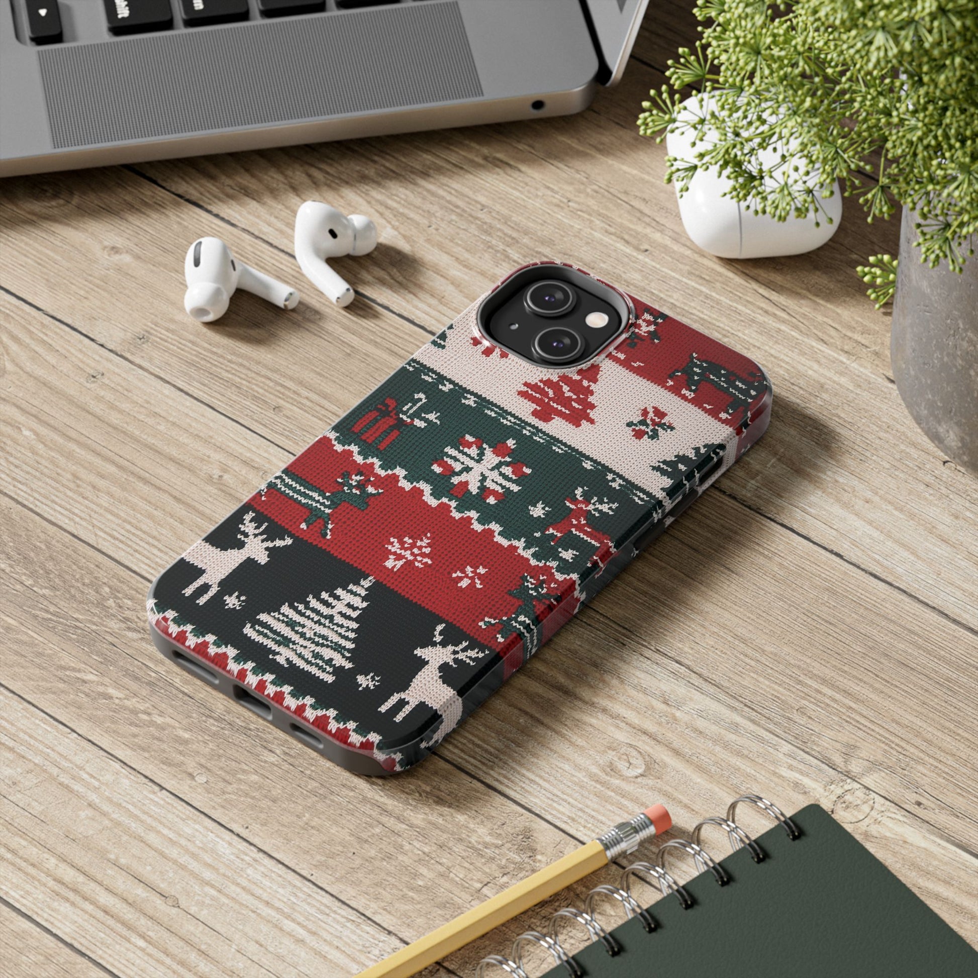 Ugly Christmas Sweater Phone Case Festive 3D Knit Textured Red White Green Holiday Knit Design Tree Reindeer iPhone 13 14 15 16 Pro Max