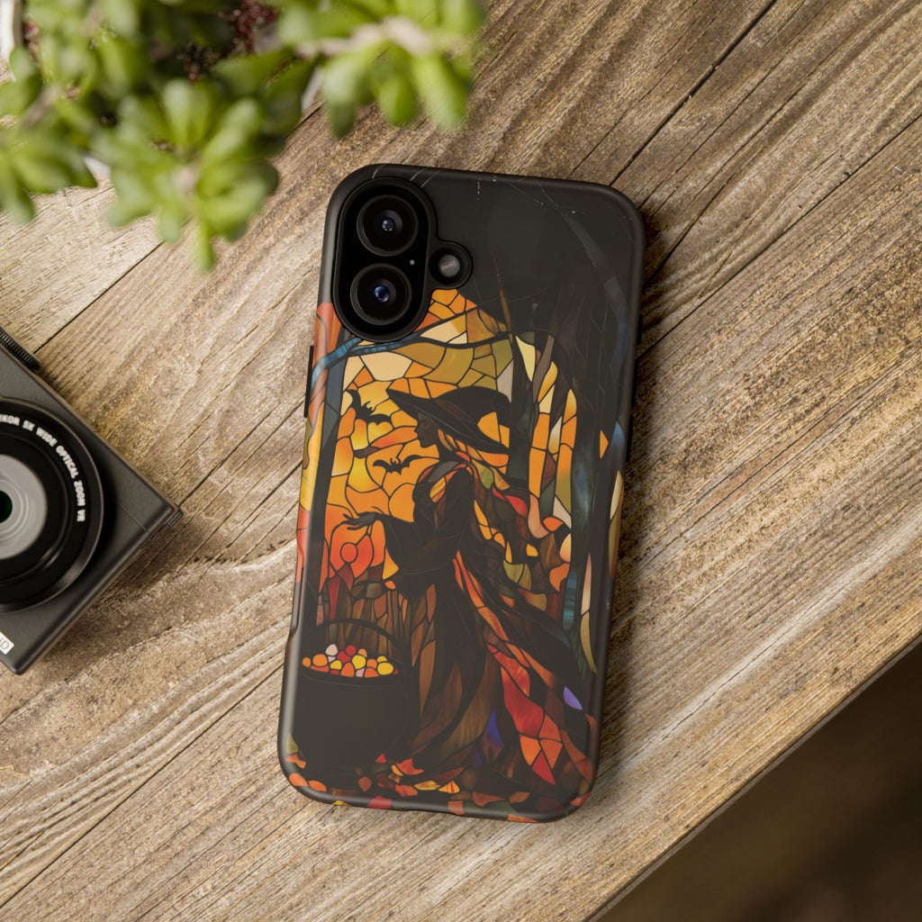 Halloween Witch Stained Glass Effect Dark Academia Spooky Fall Witchy Pumpkin Bats Seasonal Fall Mosaic Case iPhone 13 14 15 16 Pro Max