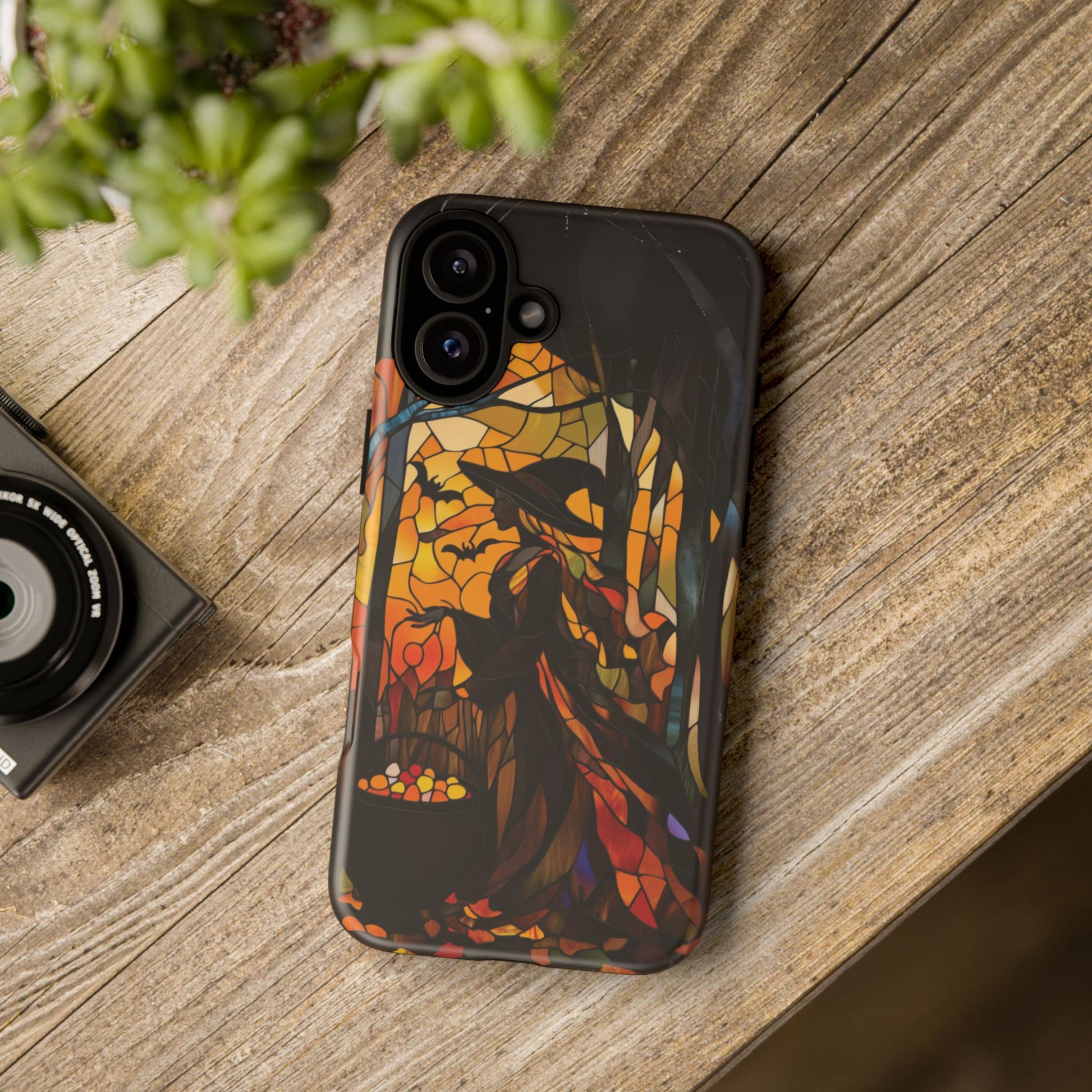 Halloween Witch Stained Glass Effect Dark Academia Spooky Fall Witchy Pumpkin Bats Seasonal Fall Mosaic Case iPhone 13 14 15 16 Pro Max