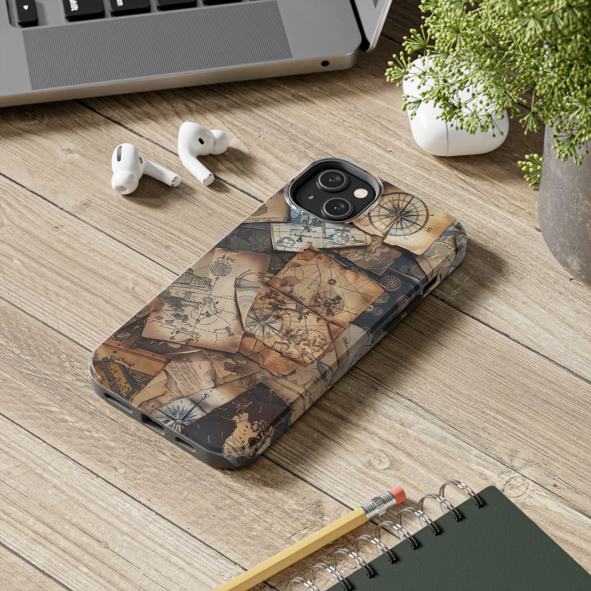 Double Layer Adventure Phone Case - Protective Phone Case Vintage Map and Compass Design - Dual Layer Case with Map Print
