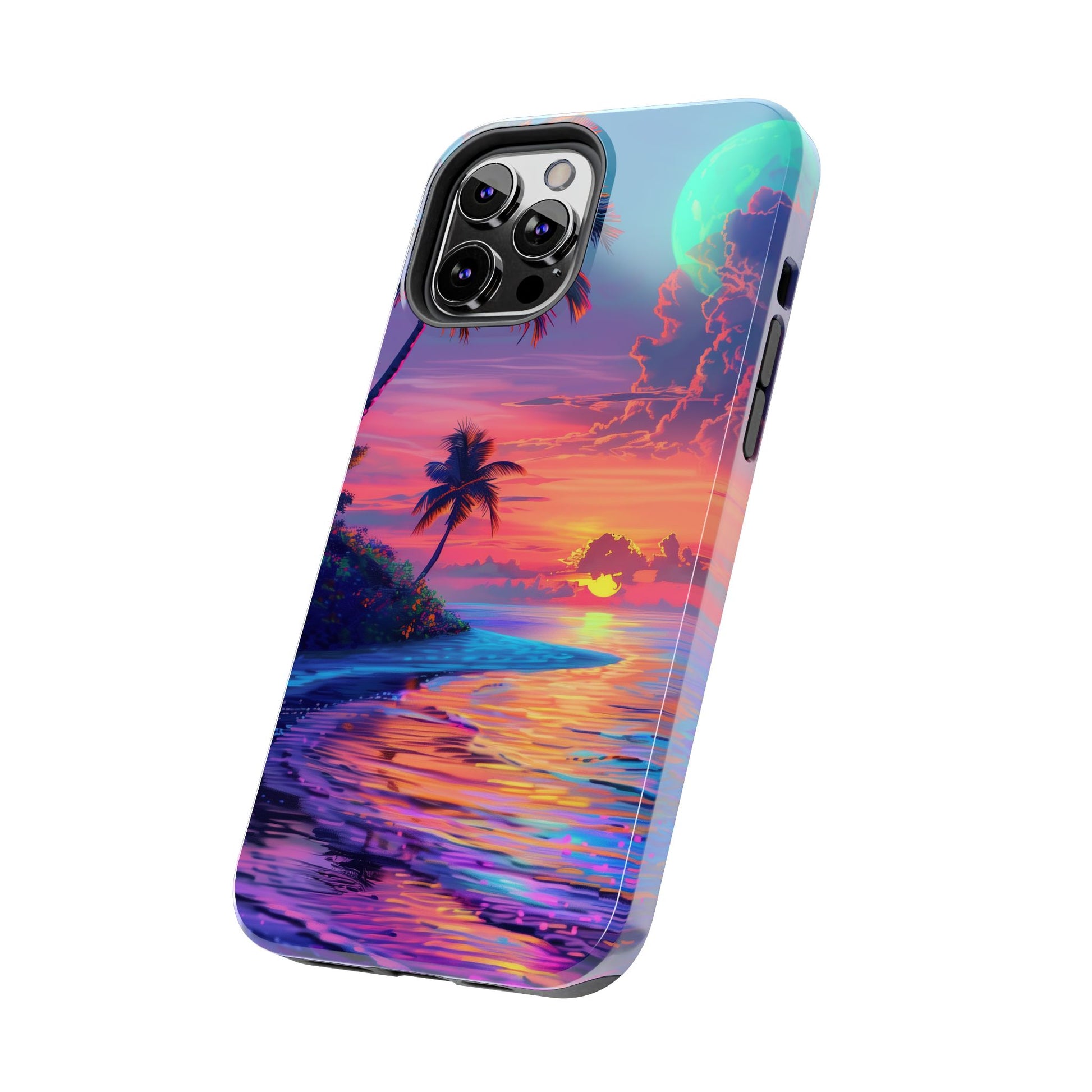 Tough Beach Scene Phone Case - Durable Phone Cover with Lisa Frank Inspired Beach Art - Protective Case with Vibrant Beach Design