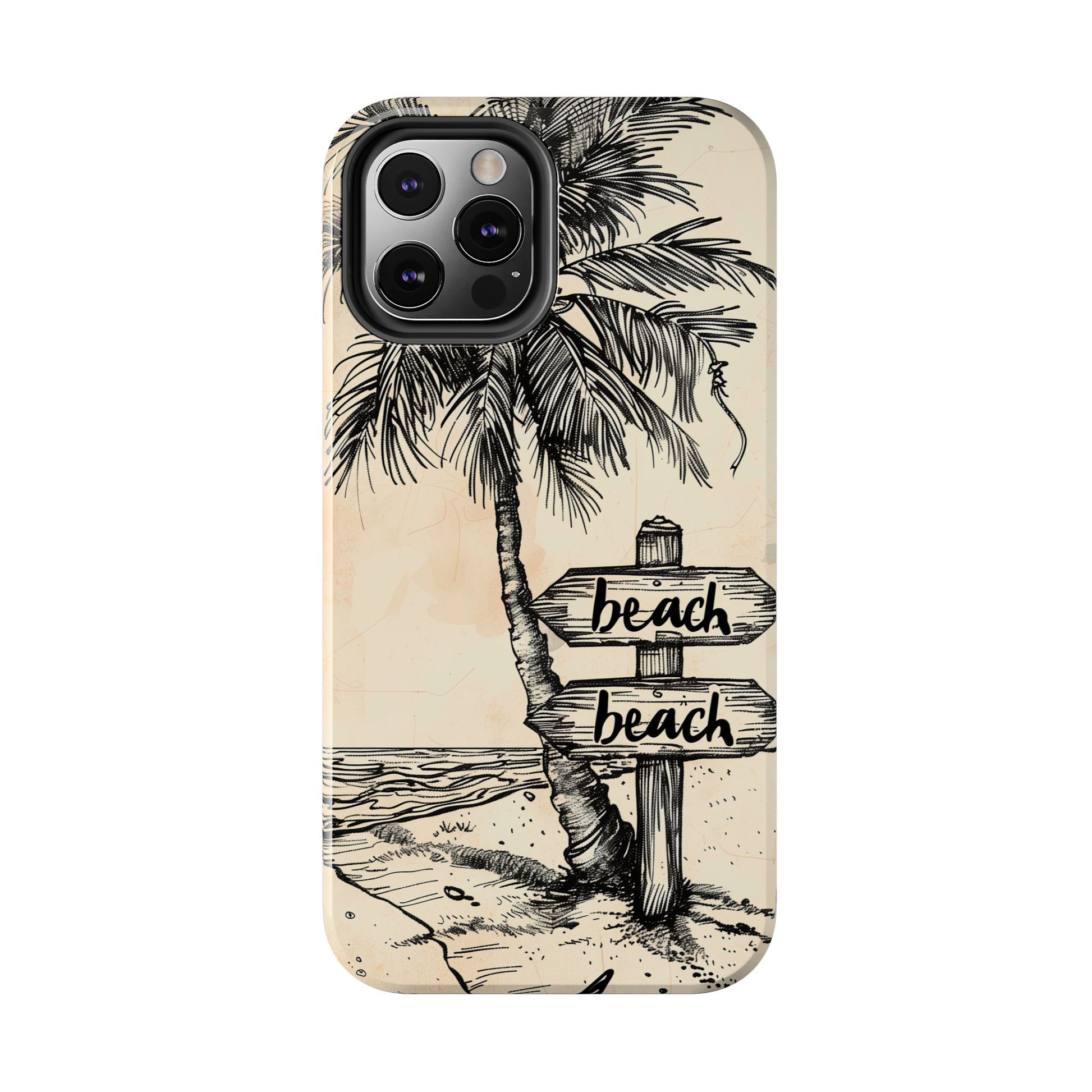 Hand-Drawn Beach Scene Phone Case, Palm Tree iPhone Case, Artistic Tough iPhone 15 Pro Max Case, Hand Drawn Tropicsl Beach iPhone 14 Case