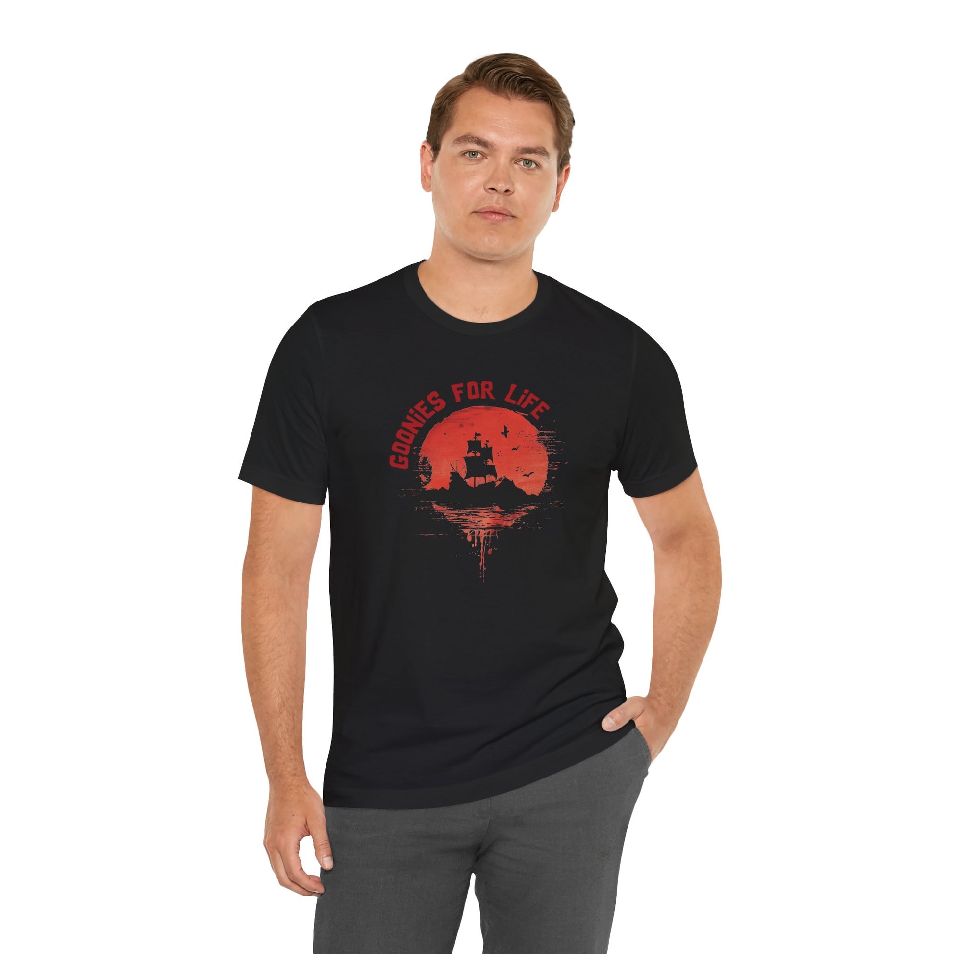 Goonies For Life Vintage Style Sunset Pirate Ship Tee