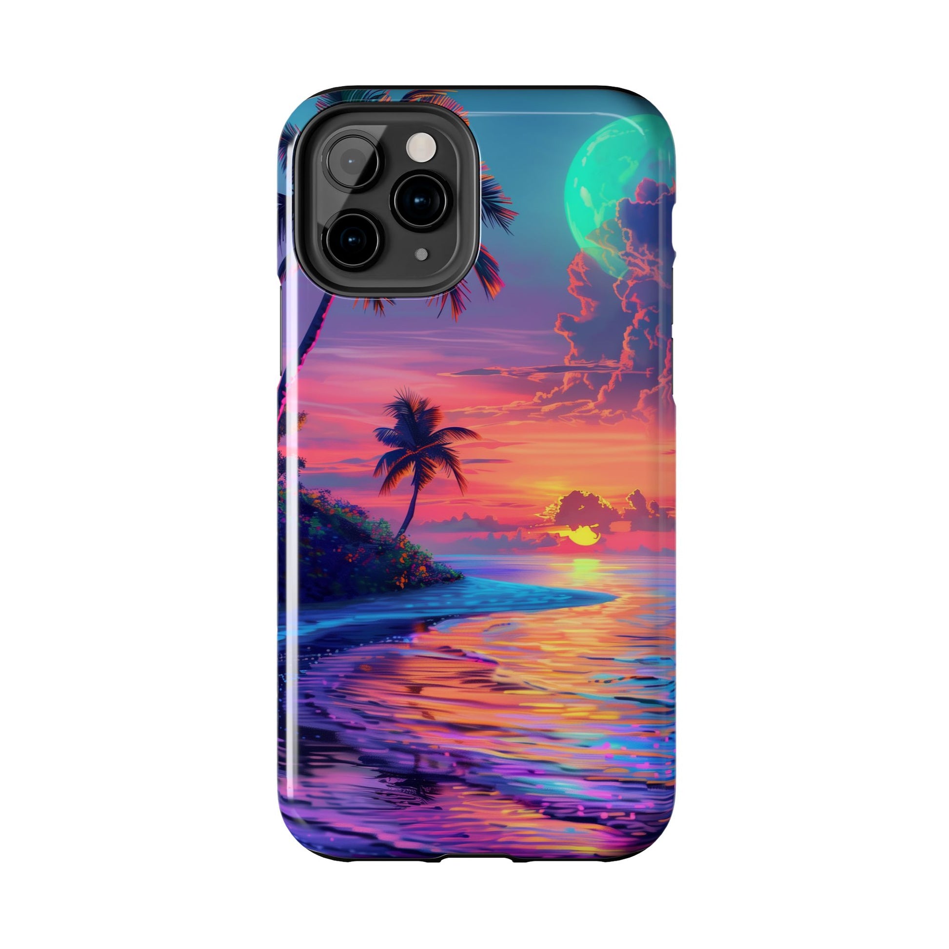 Tough Beach Scene Phone Case - Durable Phone Cover with Lisa Frank Inspired Beach Art - Protective Case with Vibrant Beach Design