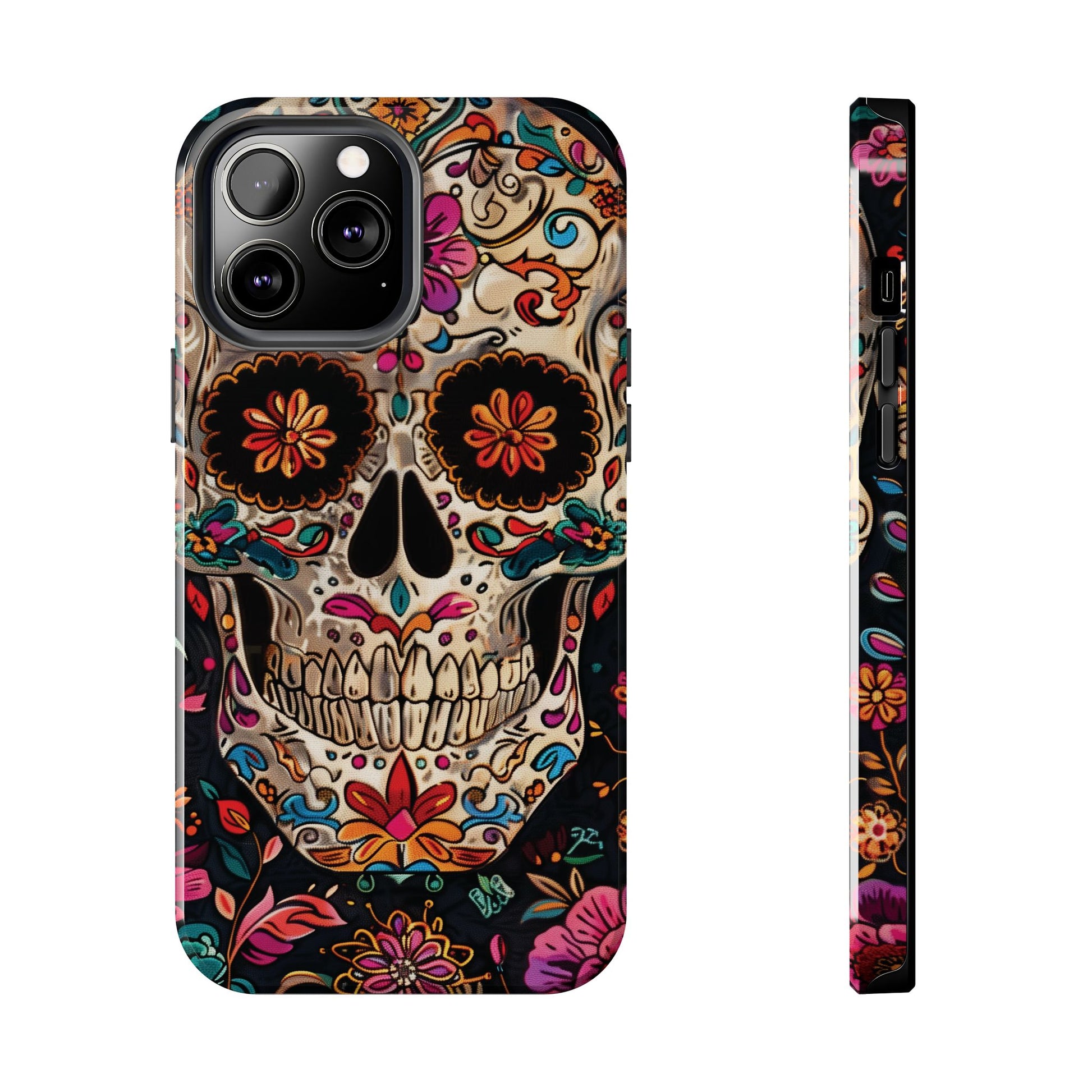 Sugar Skull Phone Case Flowers and Skeletons, Halloween Cottagecore Day of the Dead, Dia de Los Muertos Gothic, iPhone 15 Spooky Case