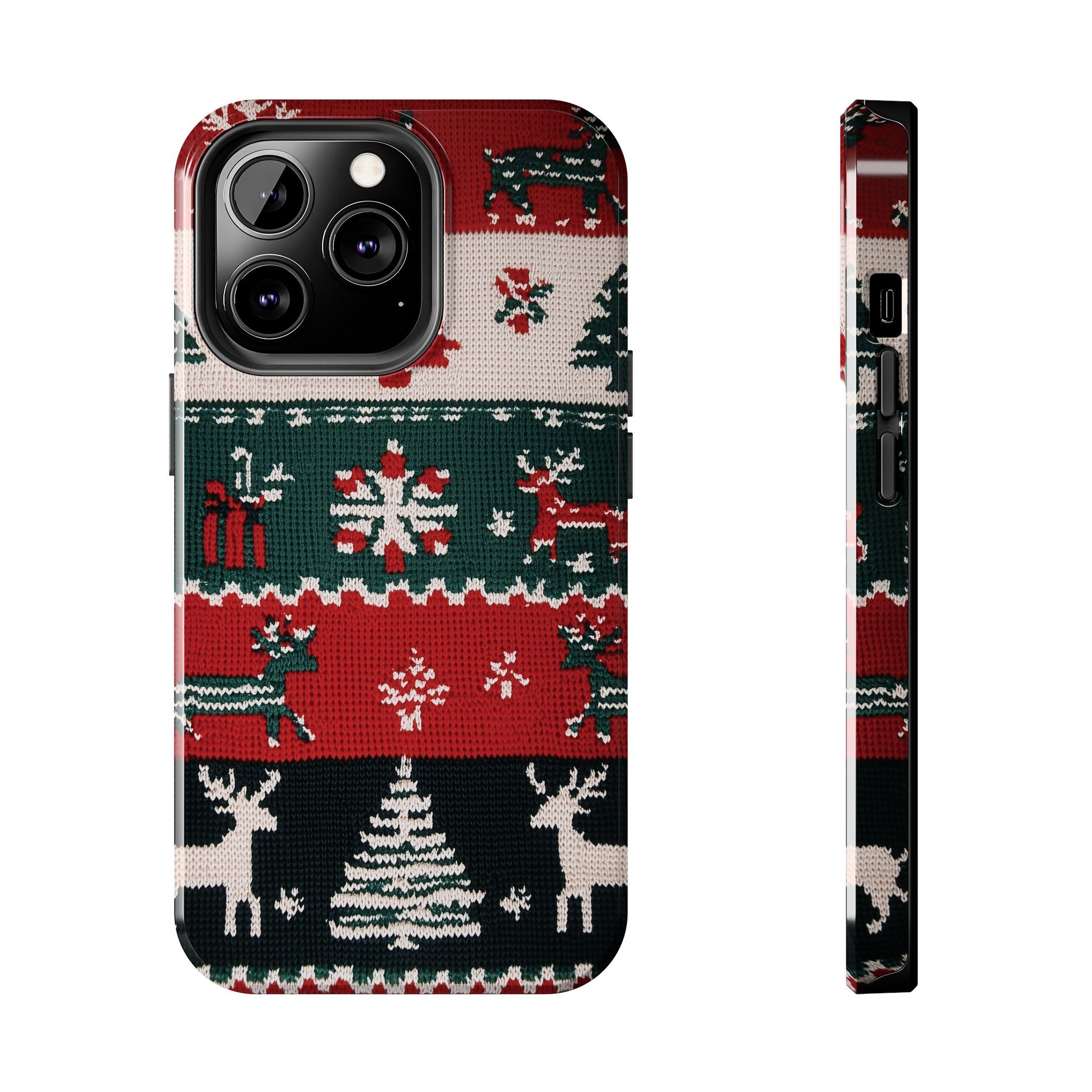 Ugly Christmas Sweater Phone Case Festive 3D Knit Textured Red White Green Holiday Knit Design Tree Reindeer iPhone 13 14 15 16 Pro Max