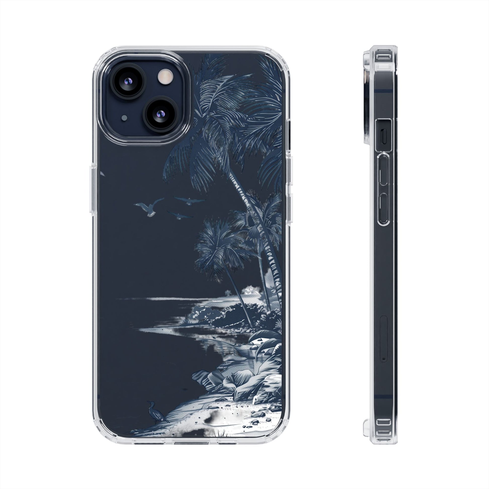 Hand-Drawn Art Beach Scene Clear Phone Case Tropical Palm Trees Surfing iPhone 13 14 15 16 Pro Max Galaxy S23