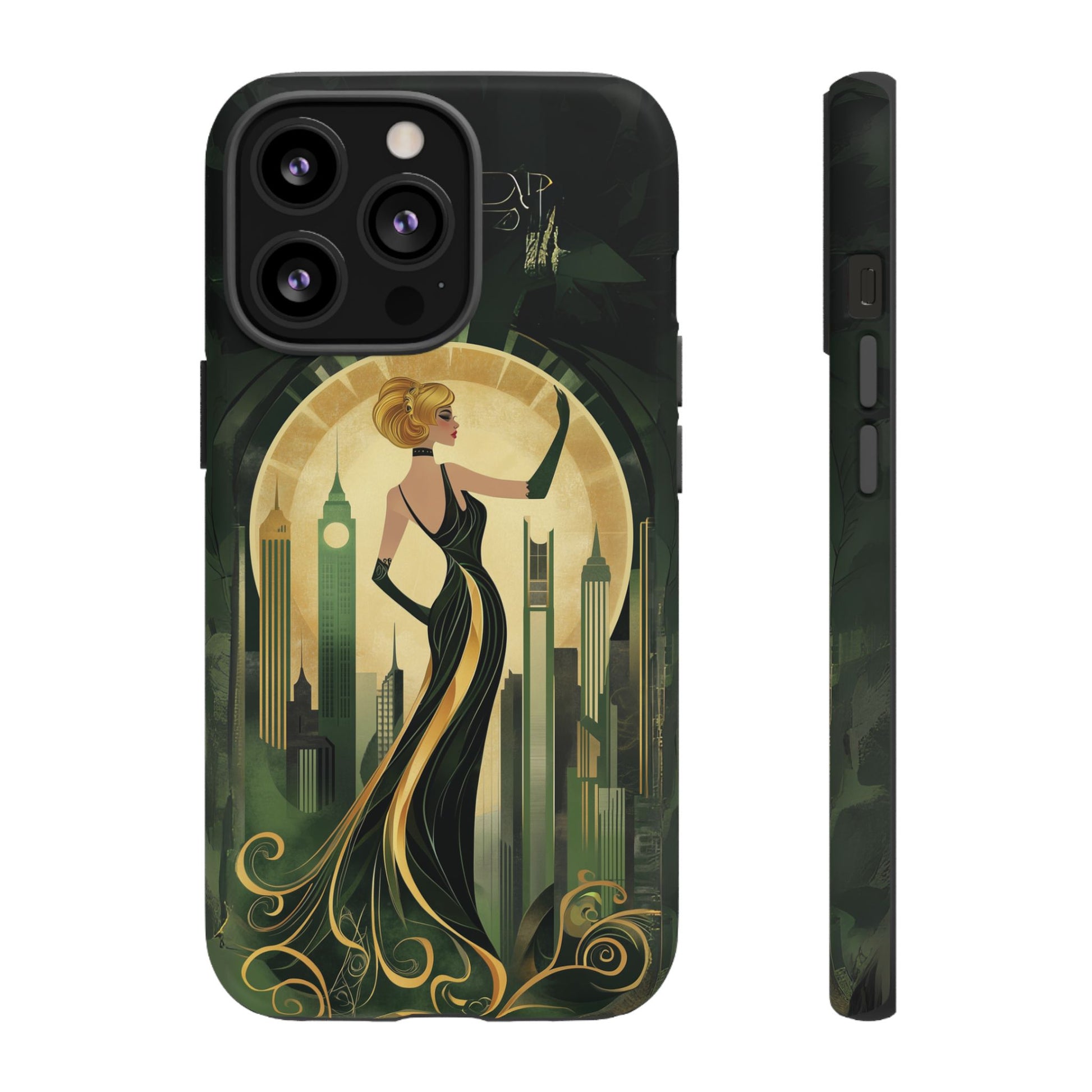 Emerald City Art Deco Flapper Woman Phone Case 1920s Art Nouveau Design in Emerald & Gold Alphonse Mucha Style Gatsby Style Poster