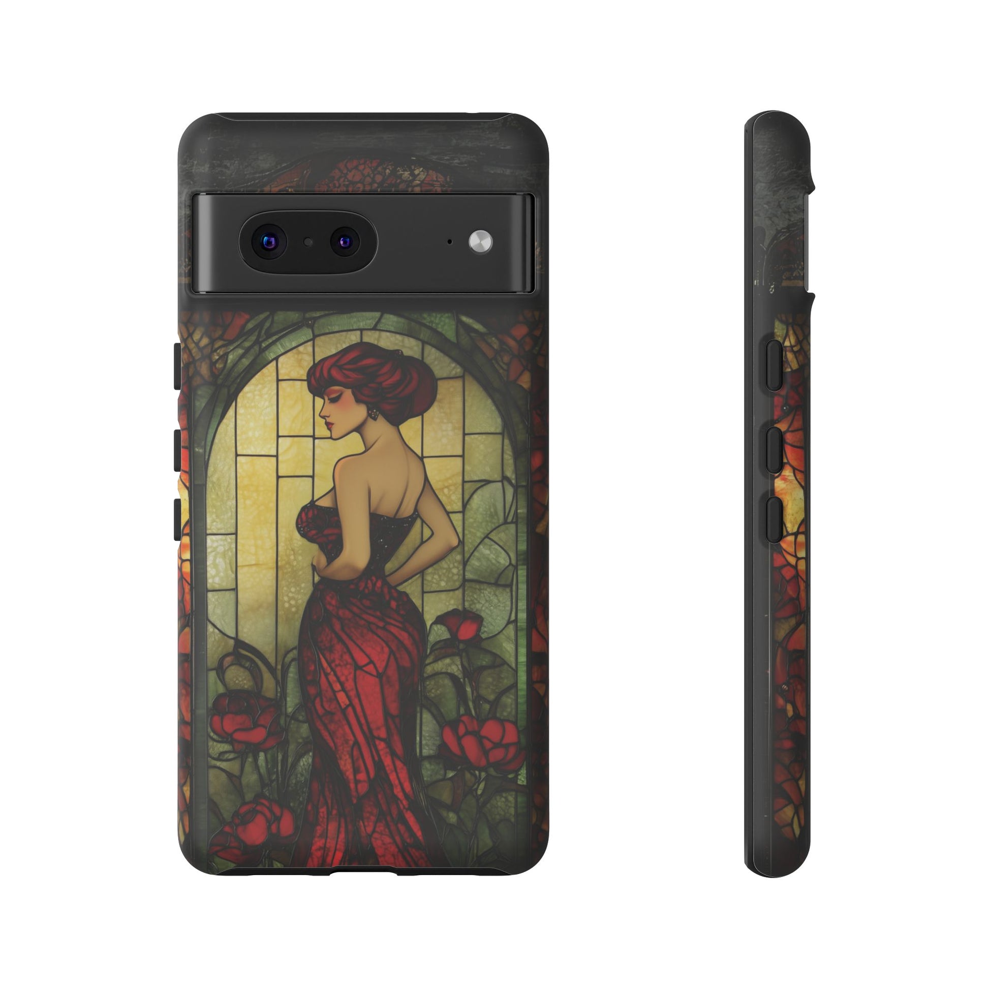 Art Deco Flapper Woman Rose Phone Case 1920s Art Nouveau Design in Red Stained Glass Alphonse Mucha Style Gatsby Style Poster