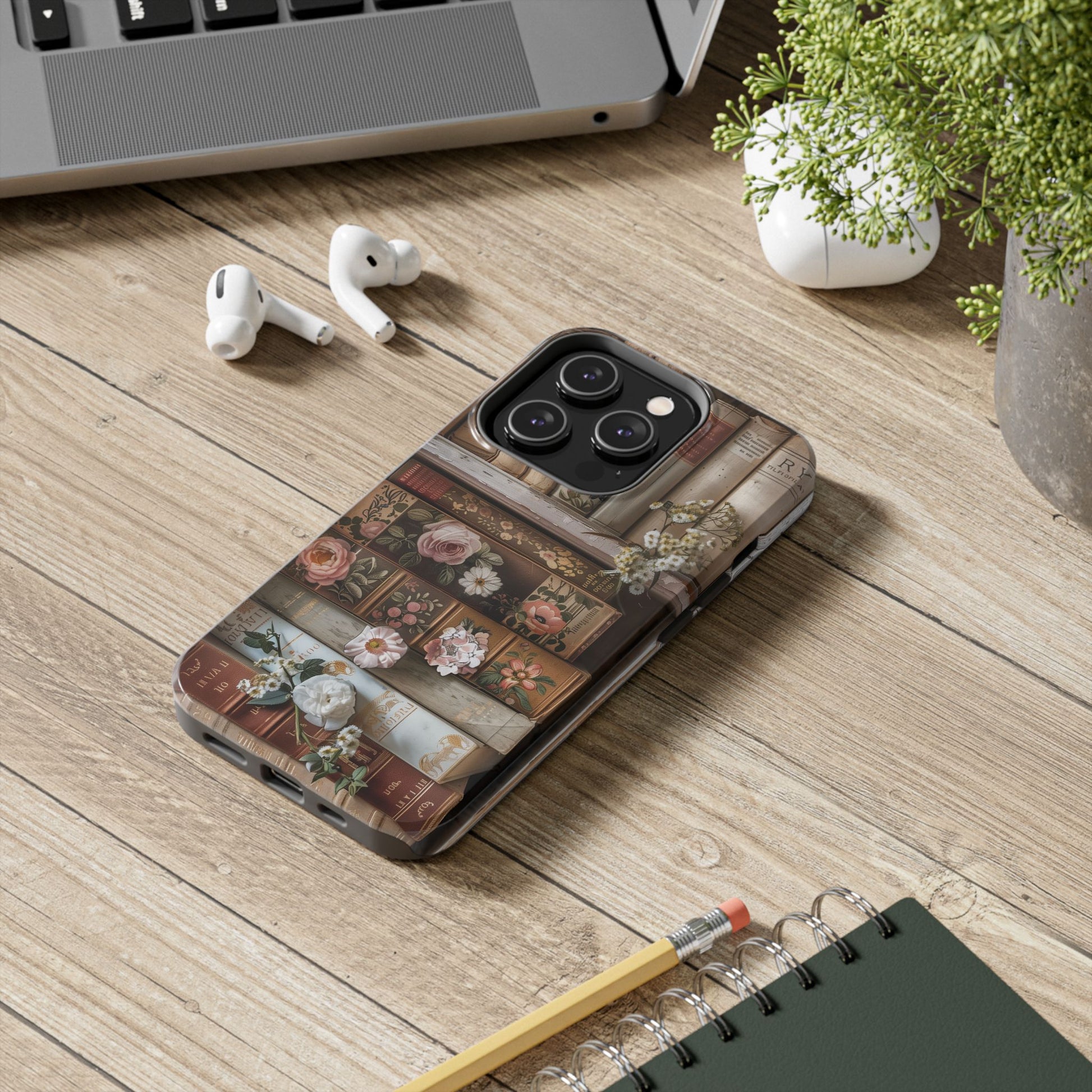 Vintage Book Stack Cottagecore Phone Case, Books with Floral Decor, Leather & Cloth Fliral iPhone Case, Pastel Roses Daisies Wildflowers