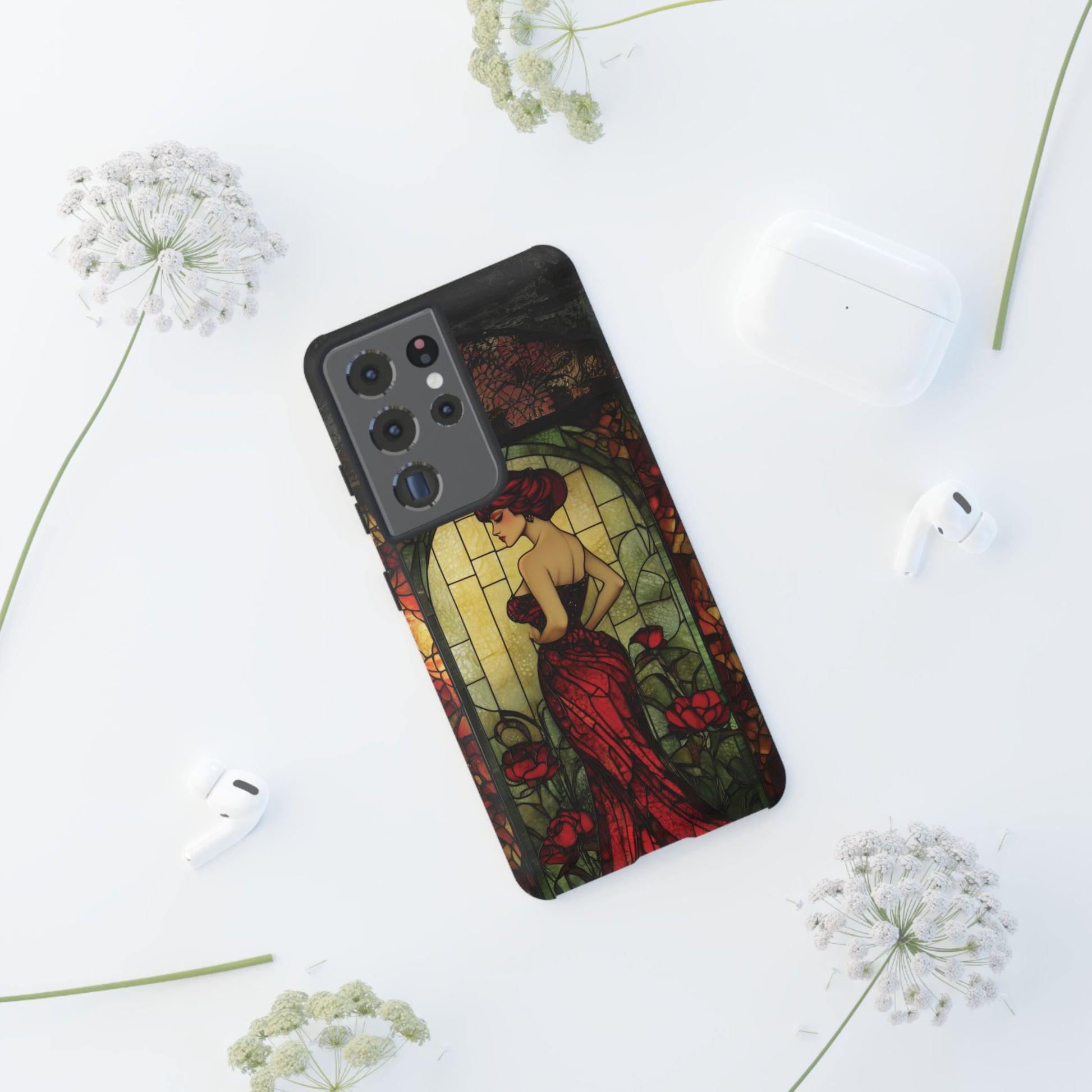 Art Deco Flapper Woman Rose Phone Case 1920s Art Nouveau Design in Red Stained Glass Alphonse Mucha Style Gatsby Style Poster