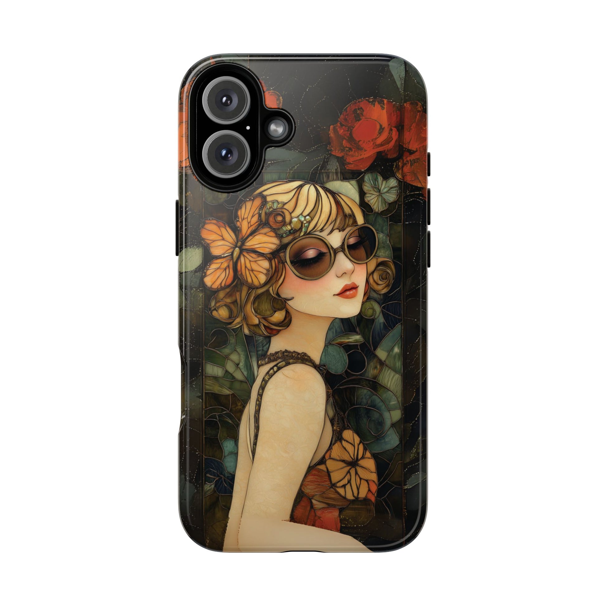 Butterfly Art Deco Flapper Woman Mosaic Phone Case 1920s Art Nouveau Design in Red Stained Glass Alphonse Mucha Style Gatsby Style Poster