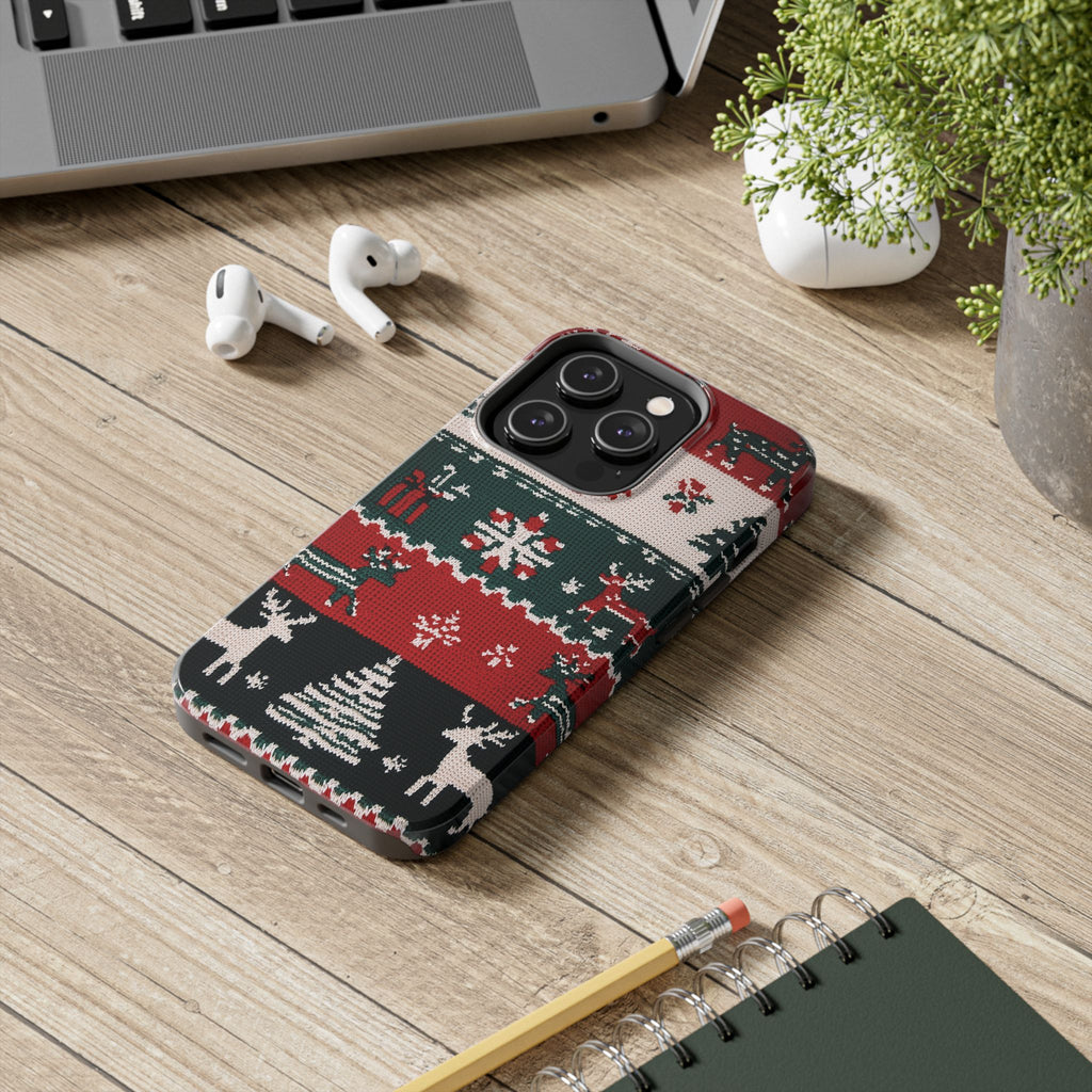 Ugly Christmas Sweater Phone Case Festive 3D Knit Textured Red White Green Holiday Knit Design Tree Reindeer iPhone 13 14 15 16 Pro Max